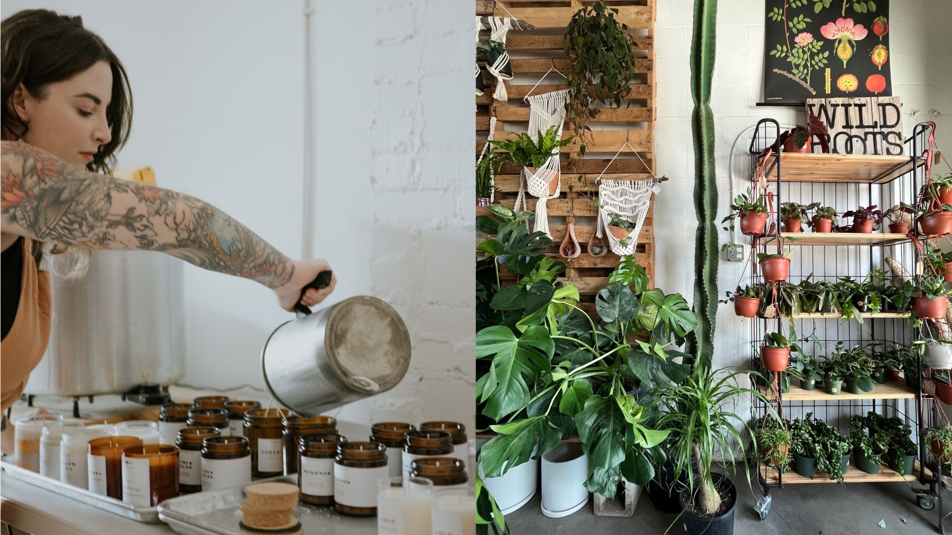 A collage of two photos. The photo on the left is a woman with dark hair and tattoos pouring wax into amber-tinted candle jars. On the right, plants including monstera, pothos and a very tall cactus line the floor and shelves of a retail store.