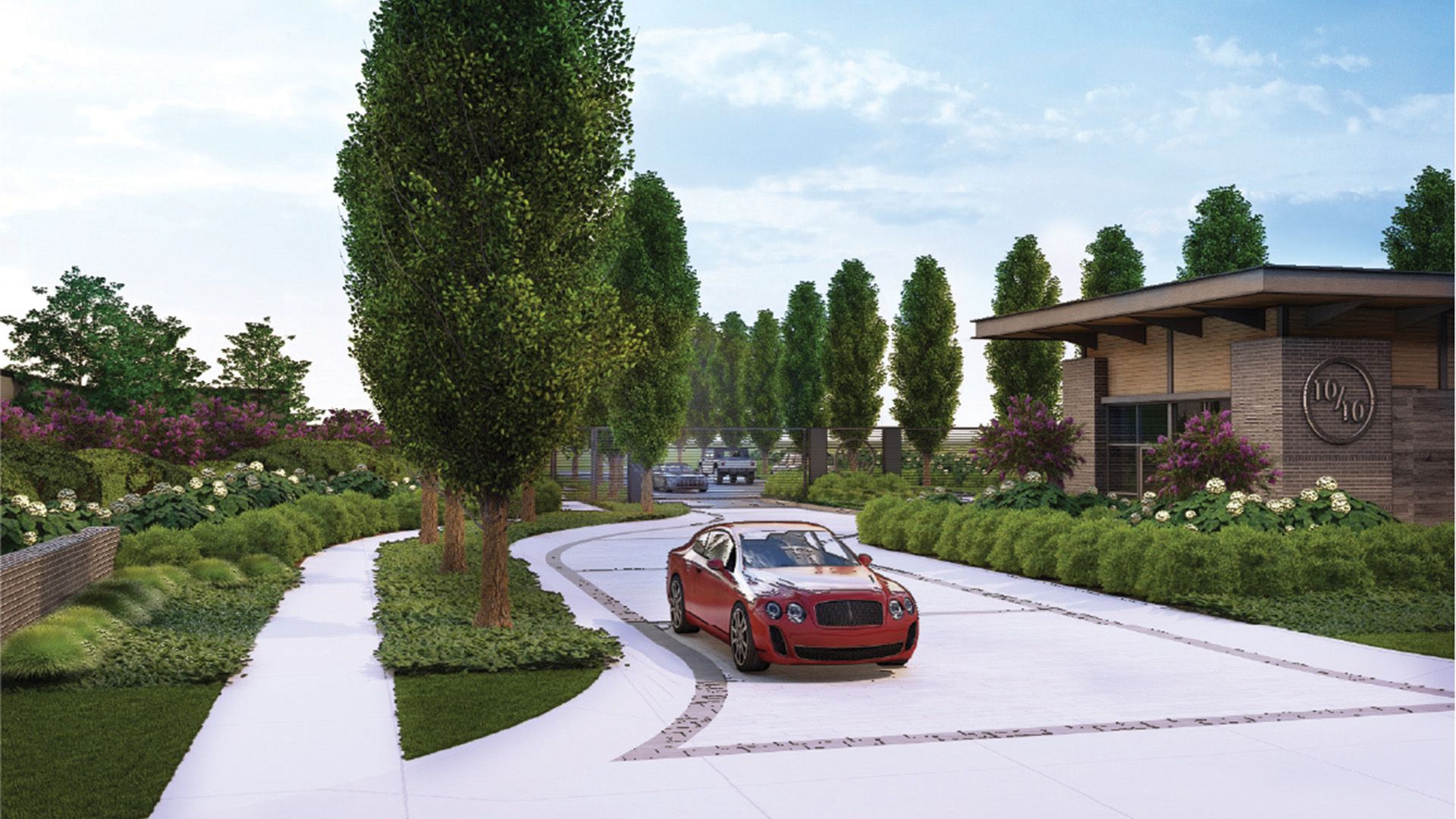 A rendering conceptualizing the entrance of the Ten Tenths Motor Club members garage.