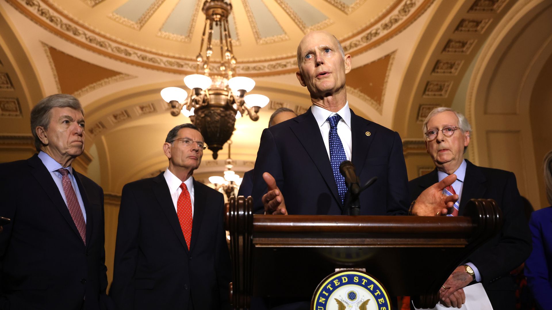 Sen. Rick Scott speaks at a GOP leadership press conference at the Capitol on March 1, flanked by Sens. Roy Blunt, John Barrasso and Mitch McConnell.