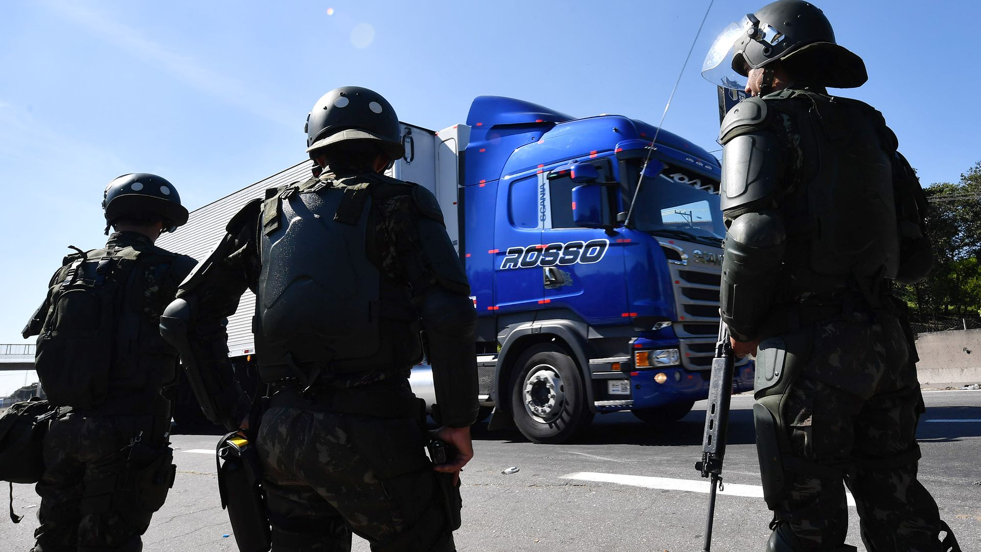 Soldiers take part in an operation to clear highway Regis Bittencourt, 30 km from Sao Paulo