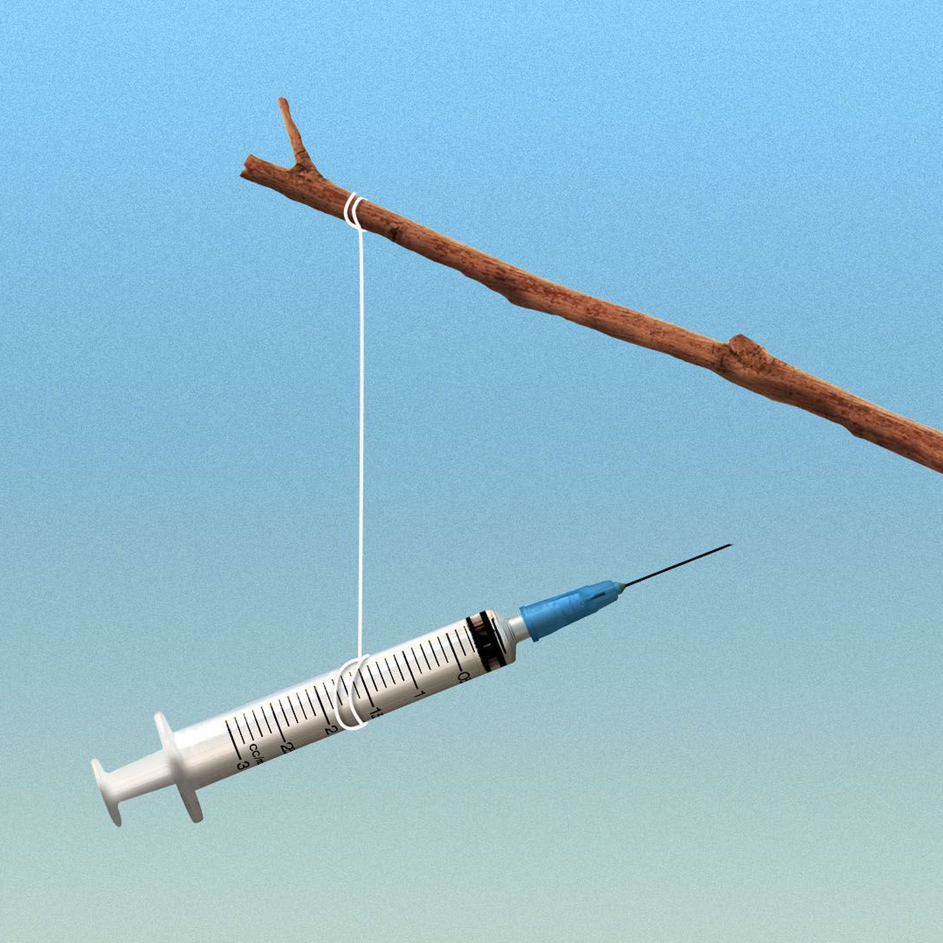 Illustration of a syringe tied to a string on a stick