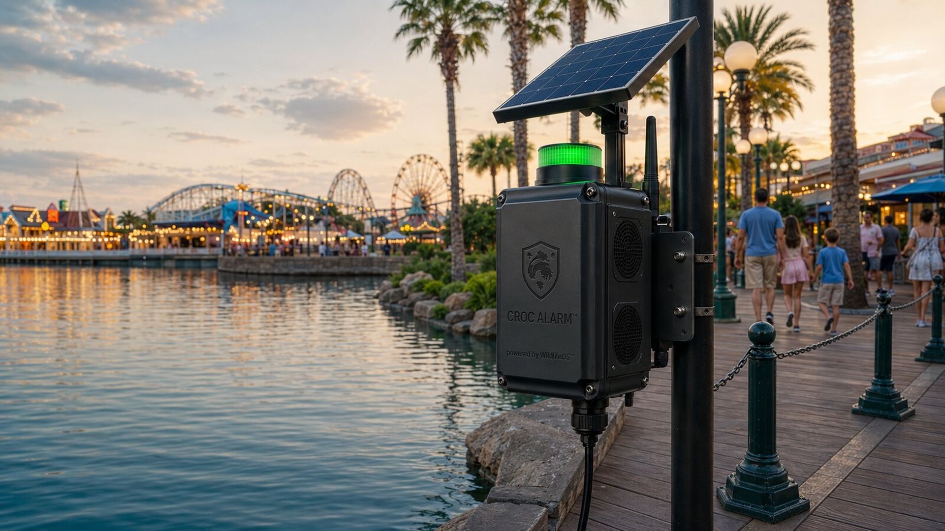 Sunset waterfront boardwalk featuring a solar-powered security unit labeled CROC ALARM on a post, with a green beacon on top, palm trees, and a distant ferris wheel.