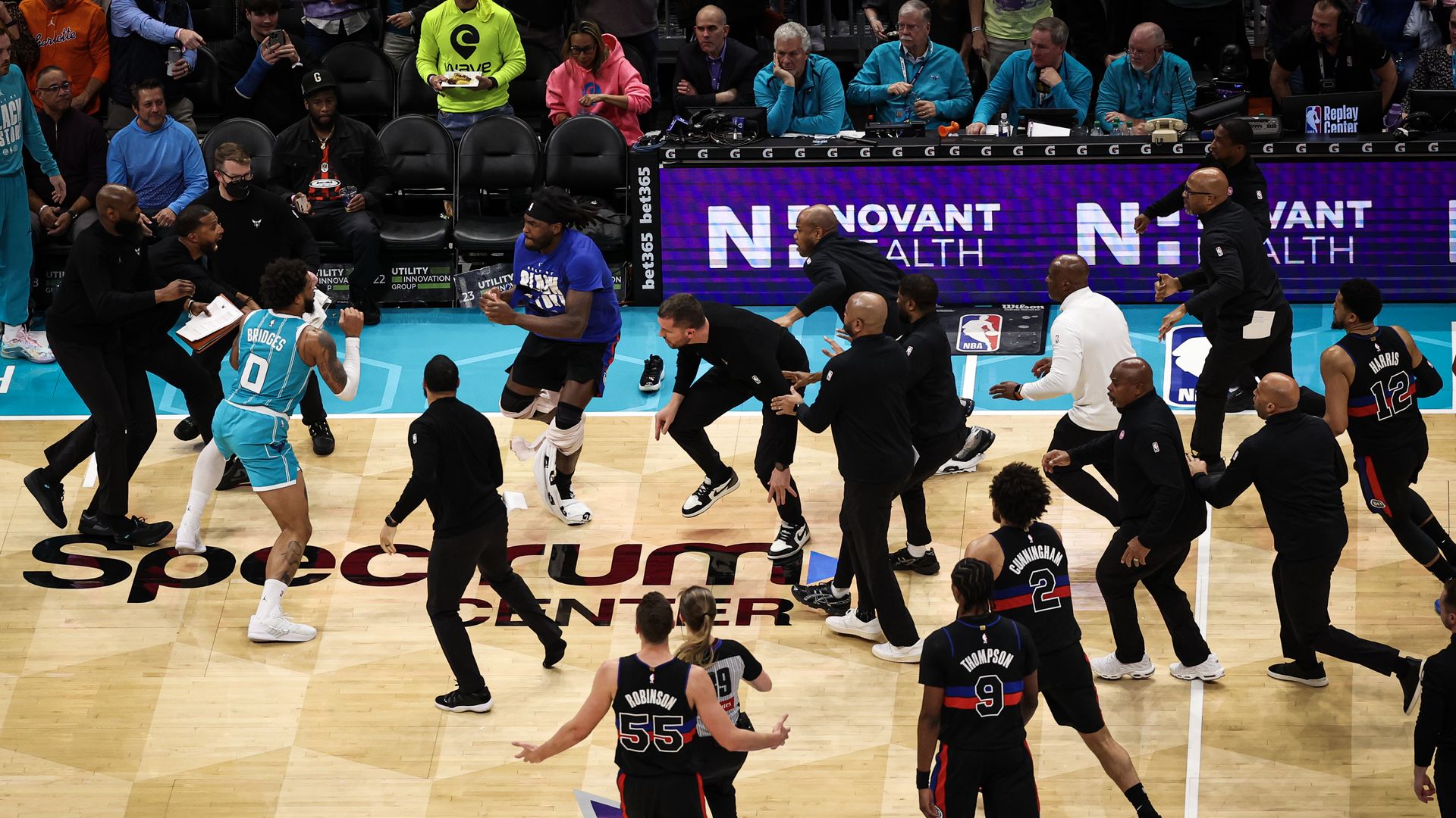 Miles Bridges, #0 of the Hornets, fights Detroit's Isaiah Stewart Monday in Charlotte. 