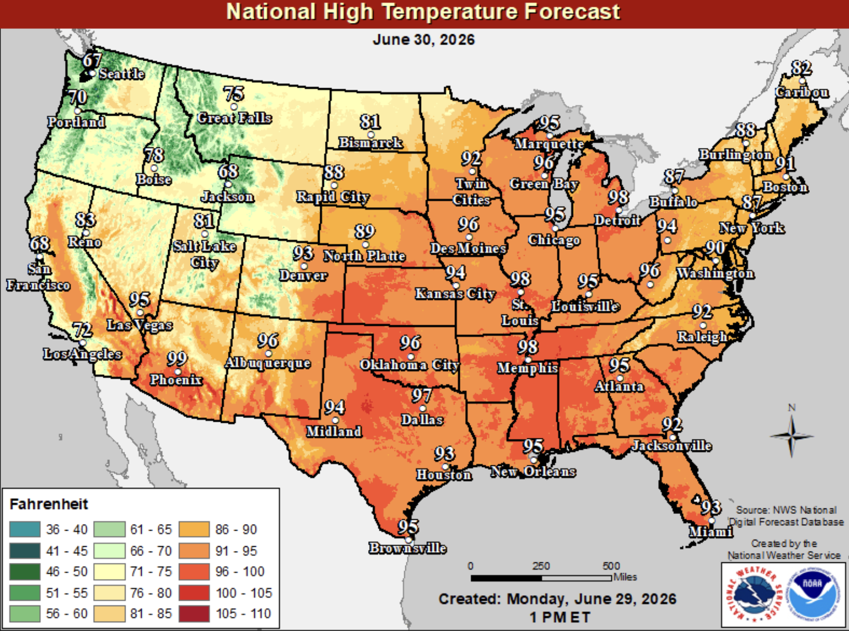 National High Temperature Forecast map for June 30, 2026, showing U.S. city highs and color shading from green to red, with hotter temps across the central and southern United States.