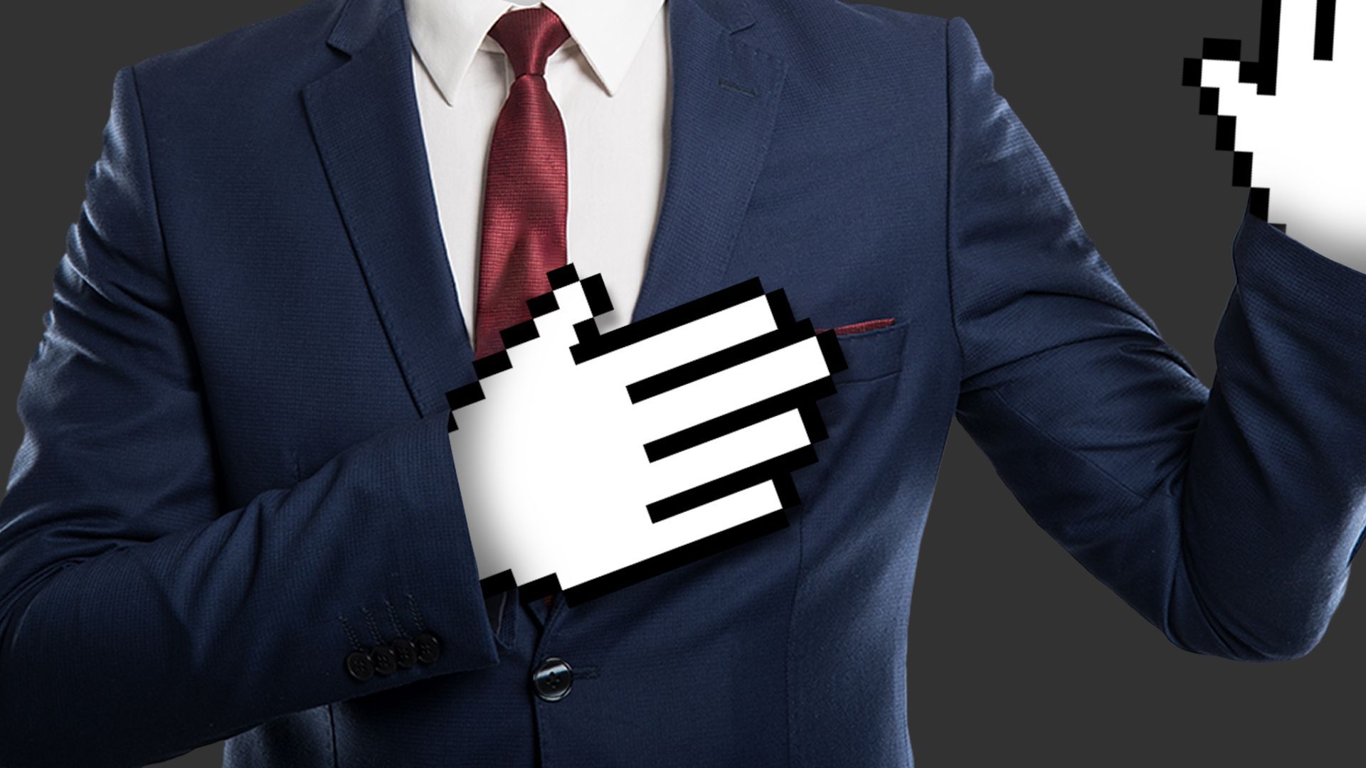 Illustration of a person wearing a suit with a hand shaped cursor over their heart and another raised in an oath-taking position