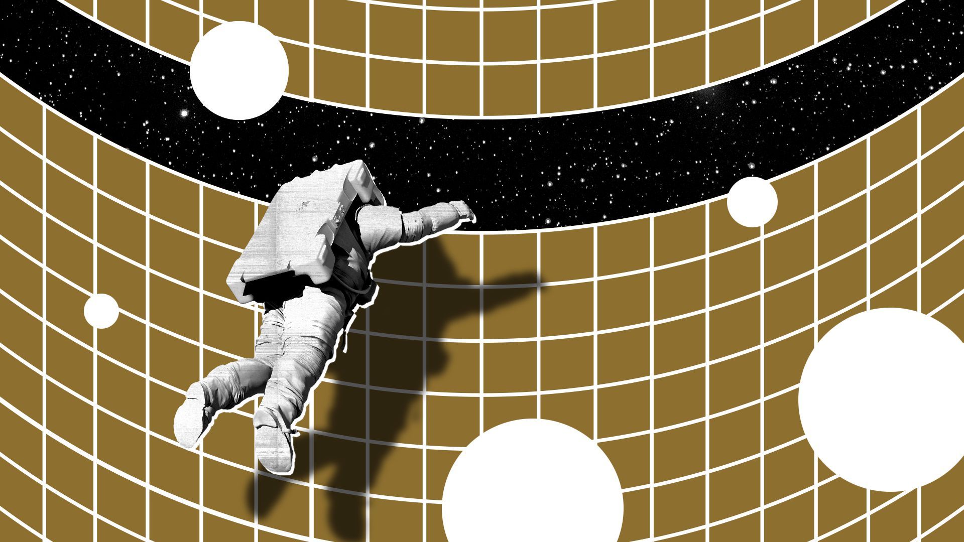 Illustrated collage of an astronaut looking over a gridded vortex wall into space.