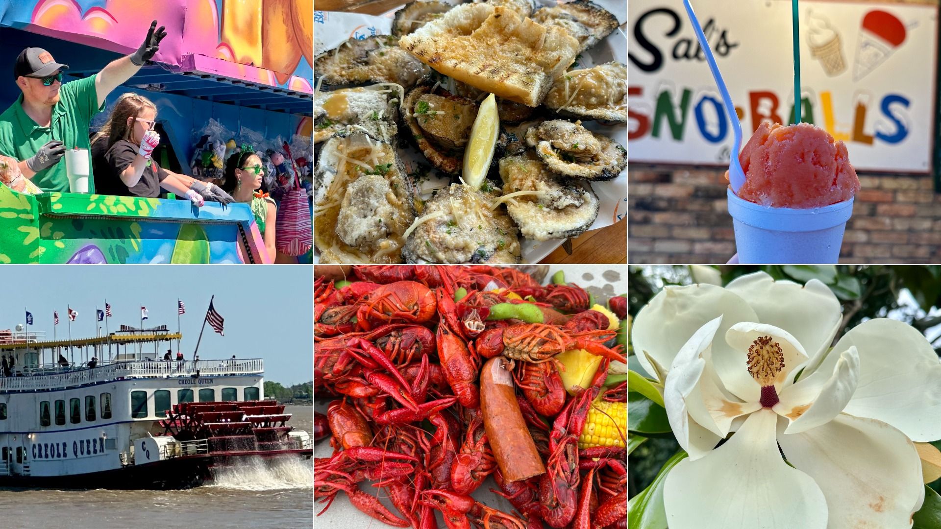Collage: colorful parade float with waving people; plate of fried oysters with lemon; pink shaved ice in a blue cup; river steamboat Creole Queen; pile of red lobsters; white orchid blossoms.
