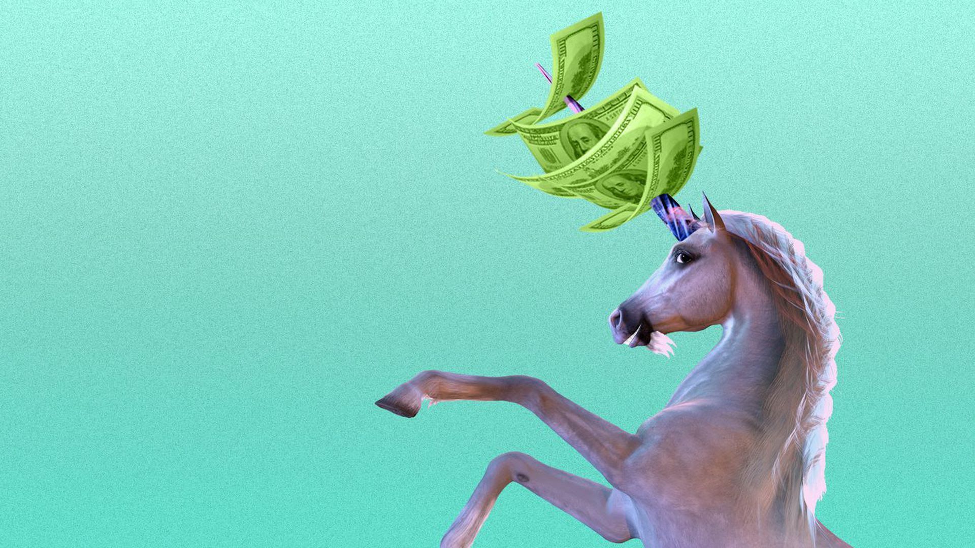 Illustration of a unicorn with cash speared through its horn.