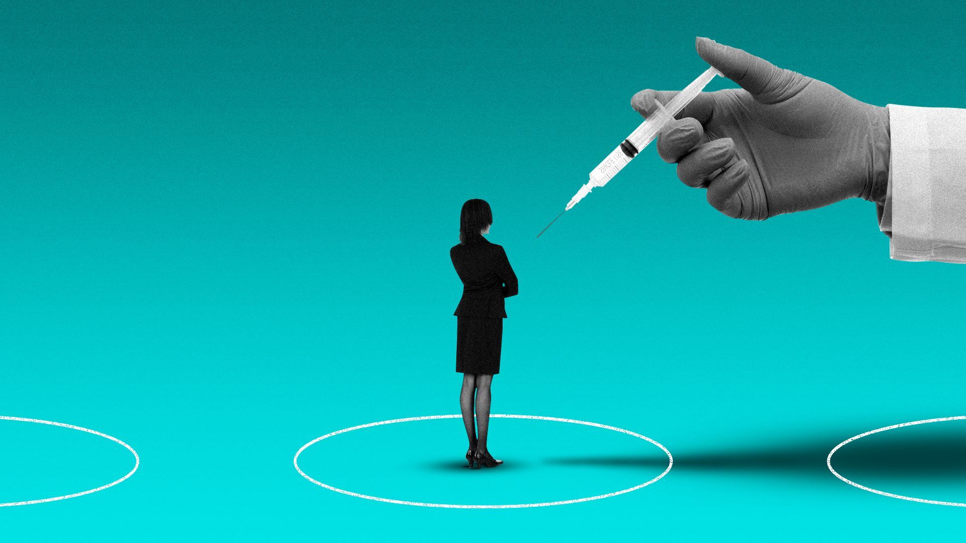 Illustration of a woman in the middle of a circle, between two other circles, receiving a vaccine shot. 