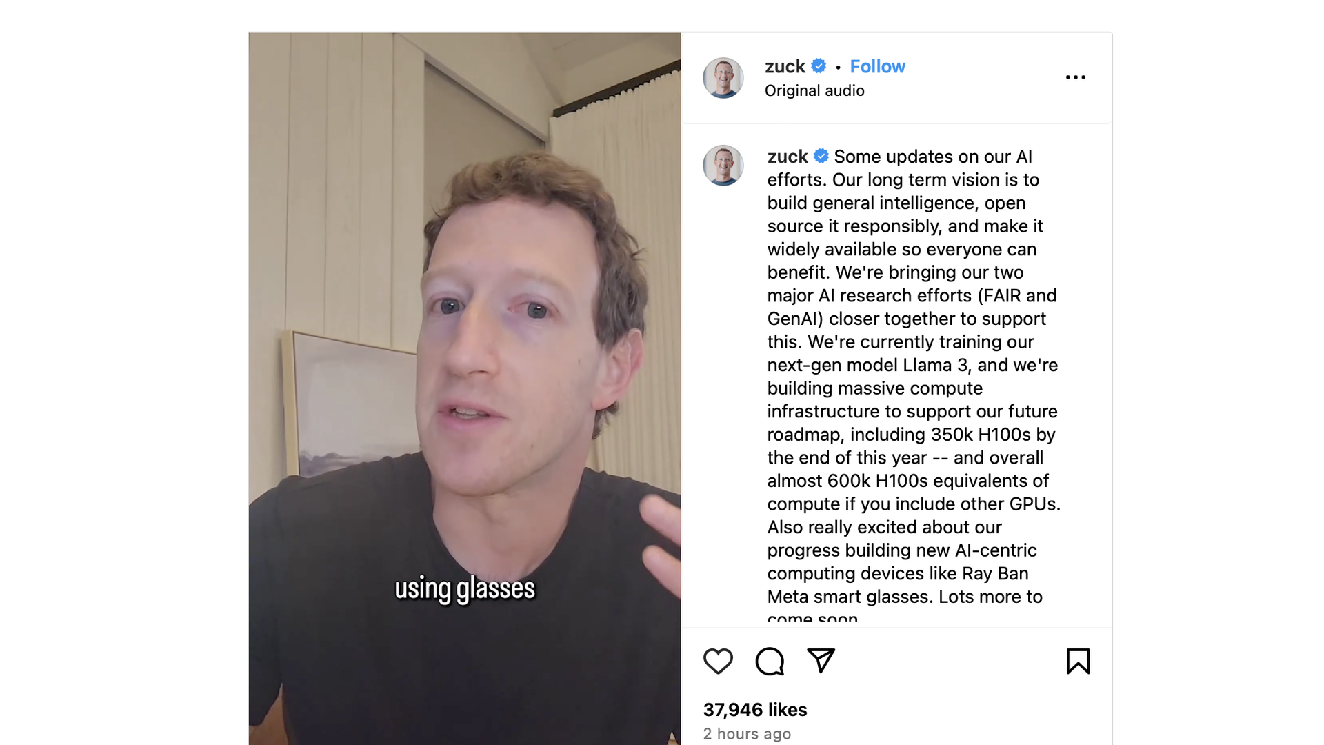 Meta CEO Mark Zuckerberg, outlining the company's latest AI plans in a video posted to Instagram