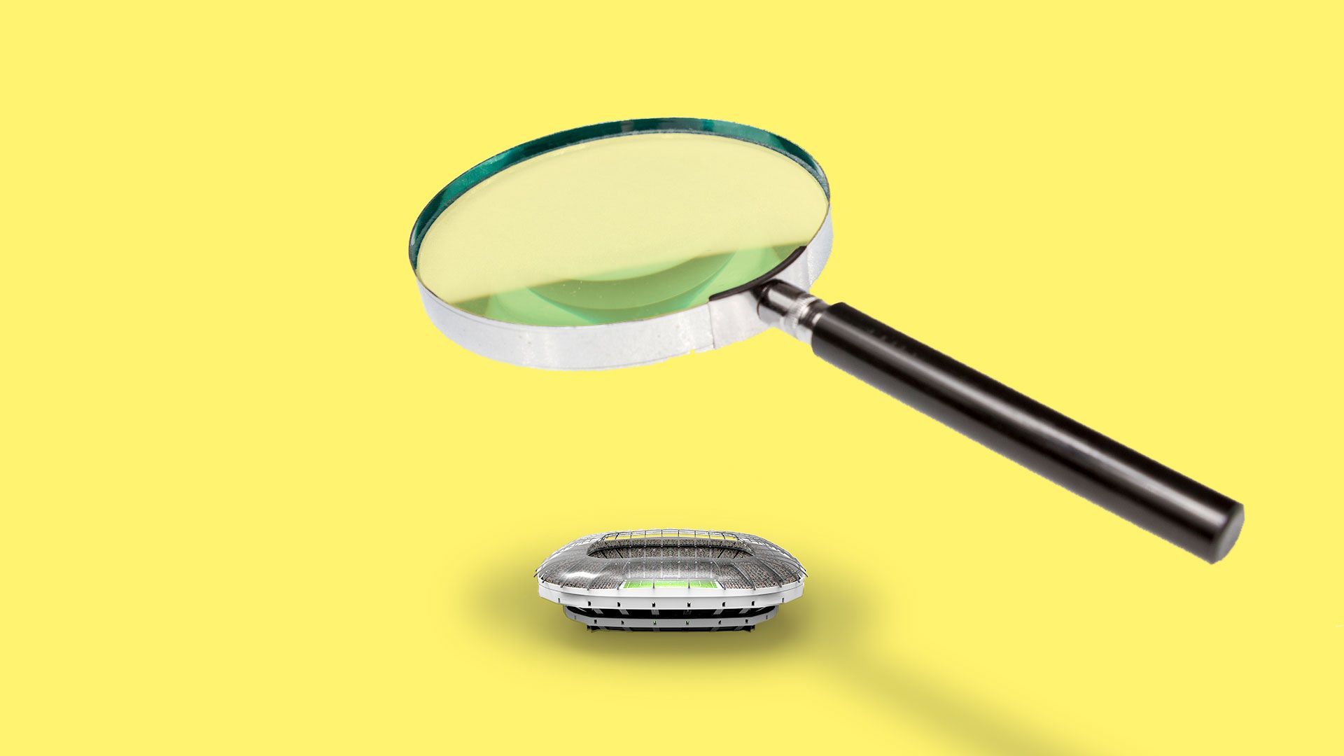 Illustration of a small stadium being observed under a magnifying glass.