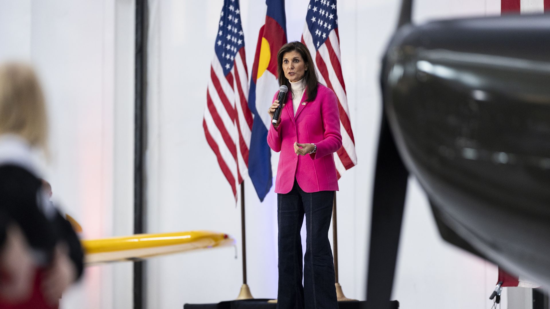 Republican presidential candidate, former U.N. ambassador Nikki Haley speaks at a campaign event at Wings Over the Rockies Exploration of Flight museum on February 27, 2024 in Centennial, Colorado.