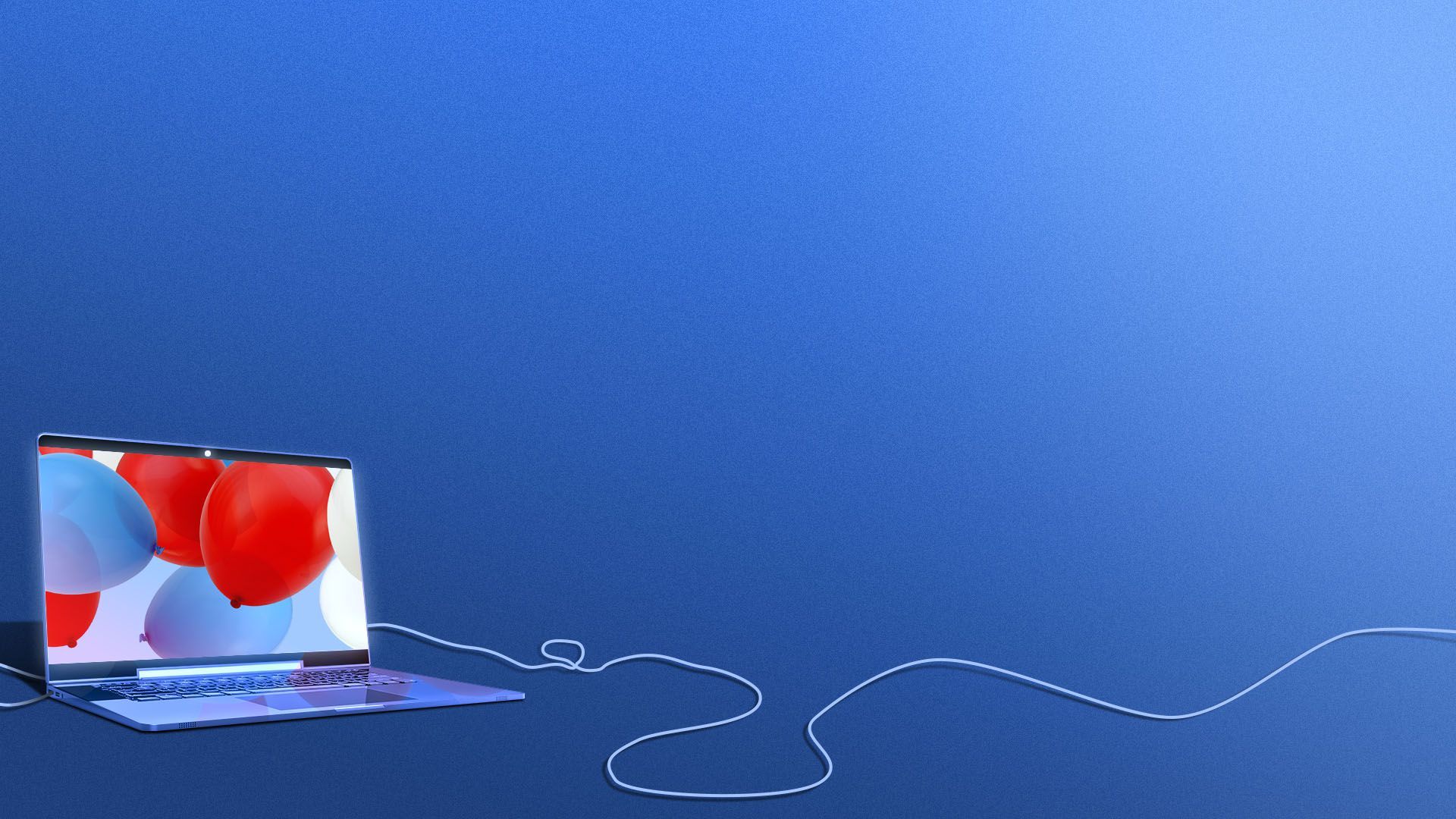 Illustration of a laptop with balloons on the screen and a long power cord going off the frame