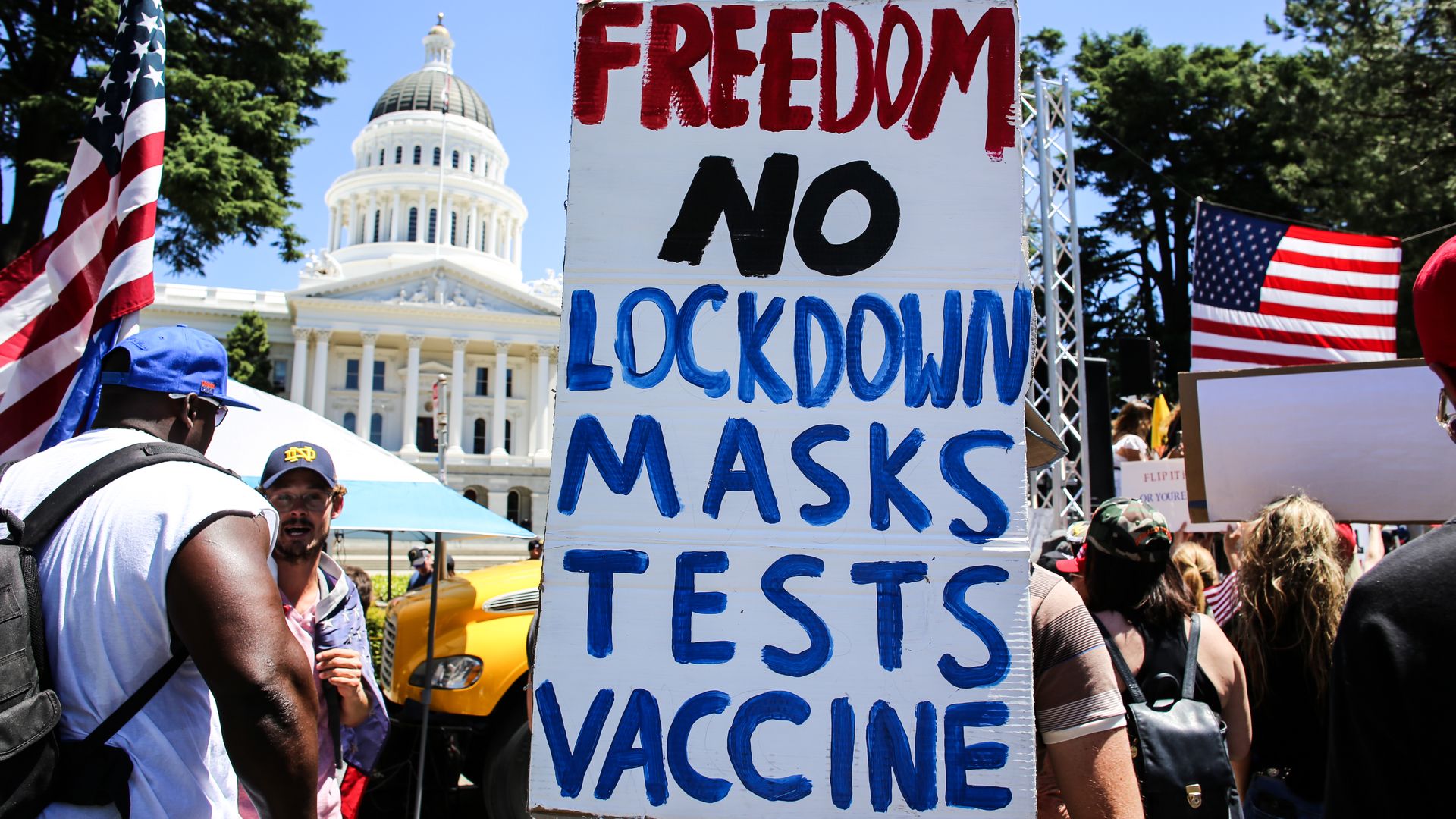 gathered outside the California State Capitol to protest the California Stay-At-Home Orders and to call for the reopening of the California economy