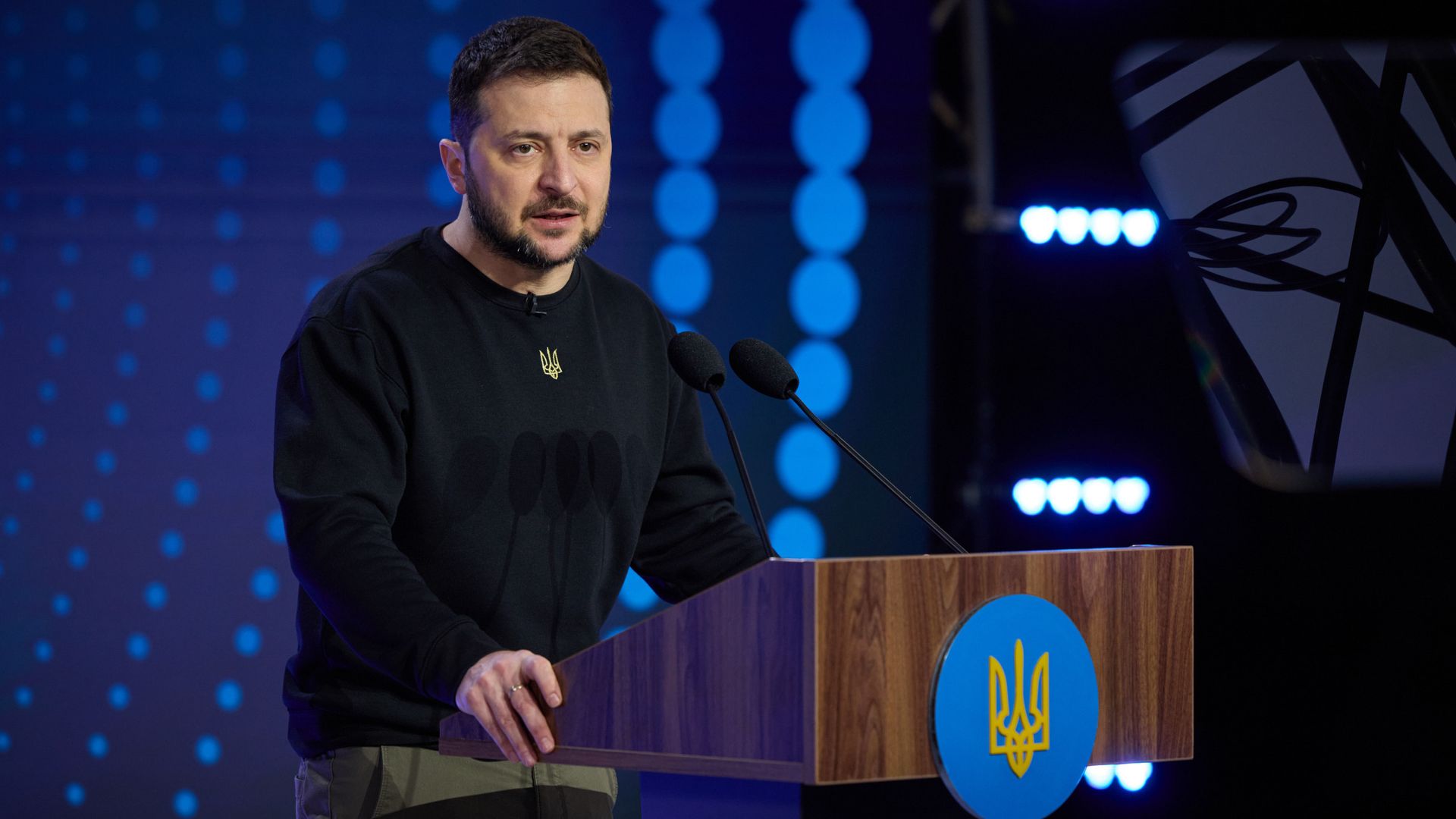  Ukrainian President Volodymyr Zelenskyy speaks at the "Human Rights in Dark Times" International Conference in Kyiv, Ukraine on December 9.