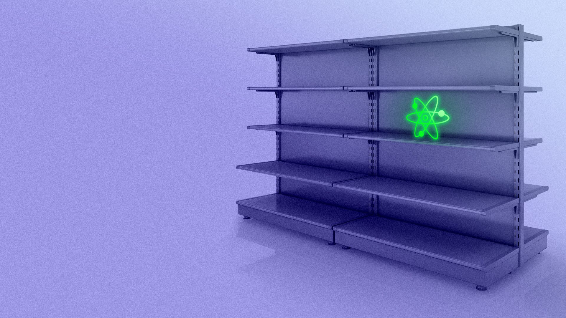 Illustration of empty store shelves with one glowing atom remaining.