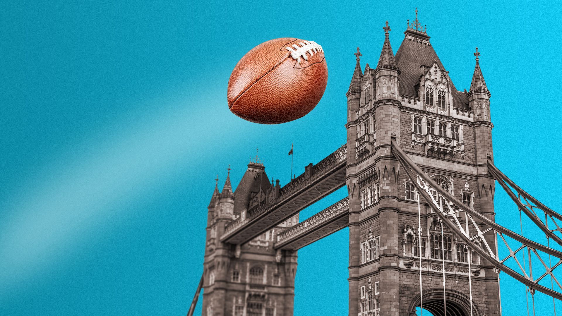 Illustration of a football soaring over London's Tower Bridge