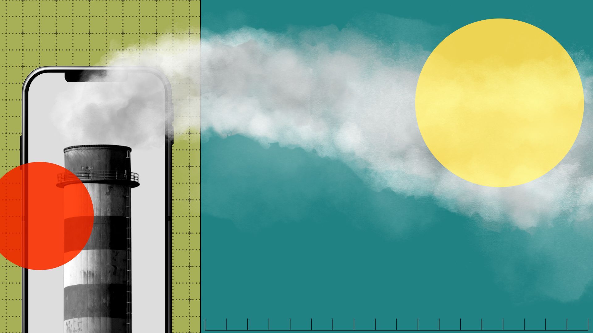 Illustration of a smoke stack on a phone screen with smoke coming out of the phone and across an abstract sky.