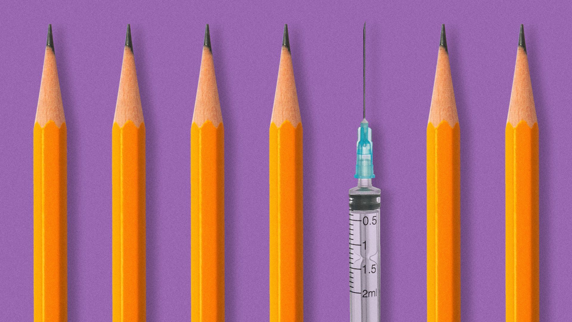 A row of pencils with a vaccine syringe replacing one pencil.
