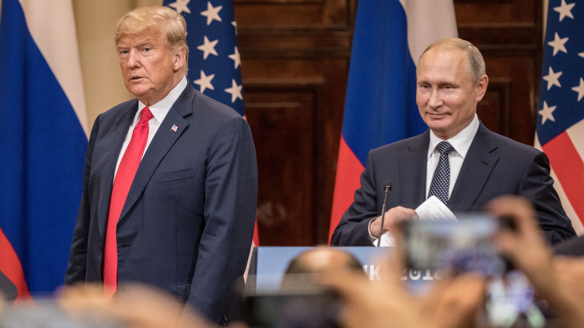 President Trump and Russian President Vladimir Putin during a joint press conference after their summit on July 16, 2018, in Helsinki, Finland.