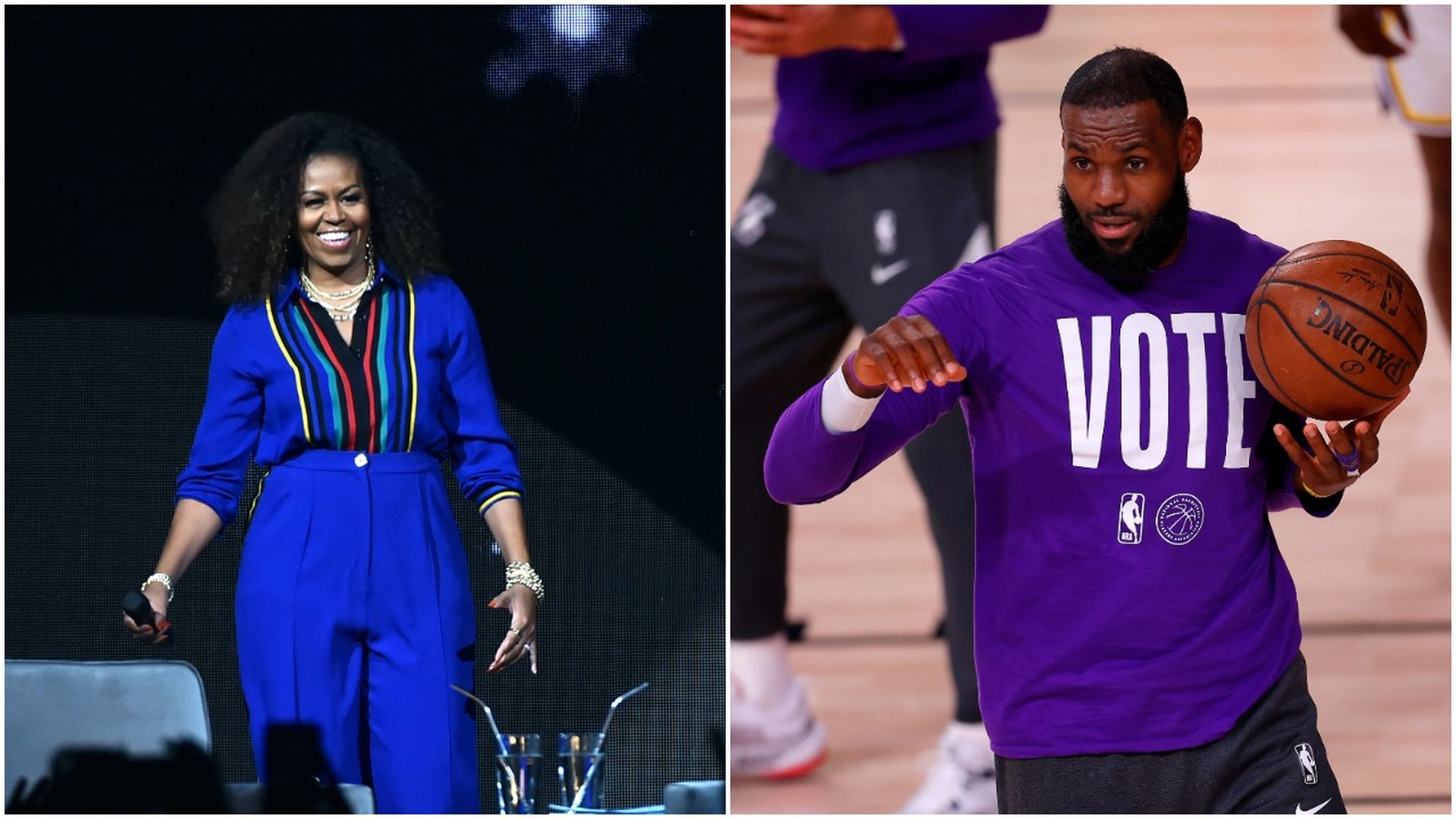 Combination images of former first lady Michelle Obama and NBA star LeBron James.