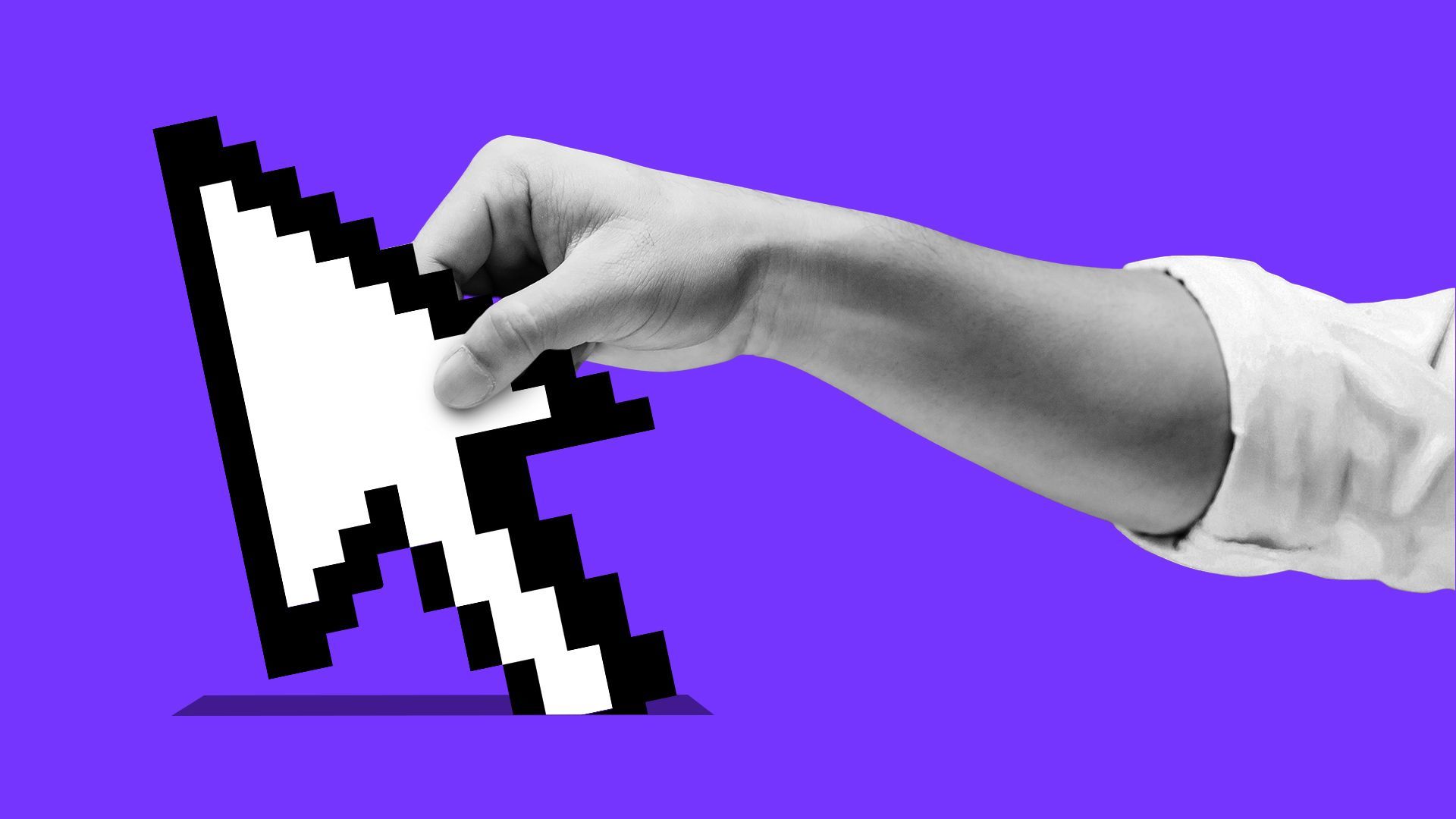 Illustration of a hand putting a giant cursor into a ballot box slot. 