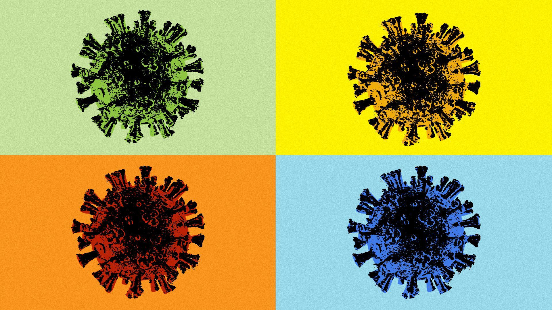 Illustration of four virus cells in an Andy Warhol photocopy style, with coloring related to the four seasons.