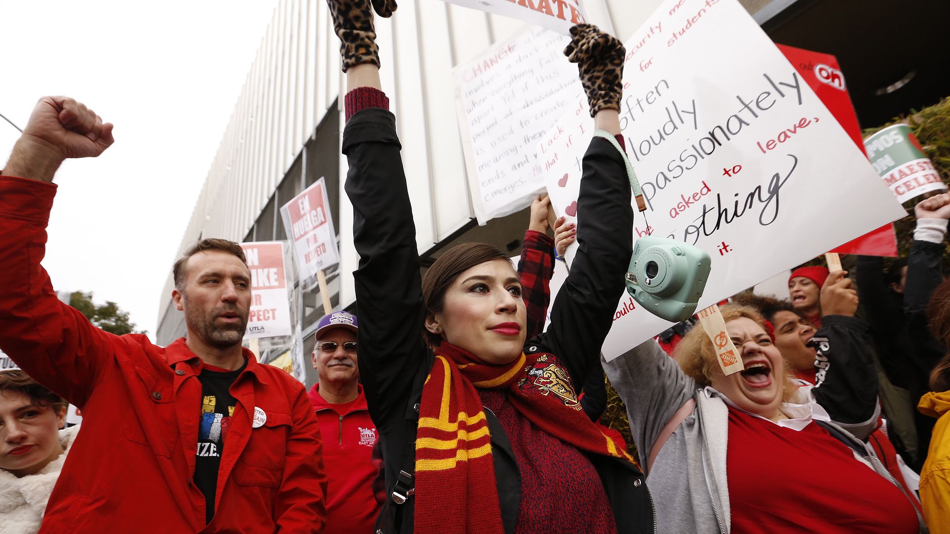 Teachers in red on strike.