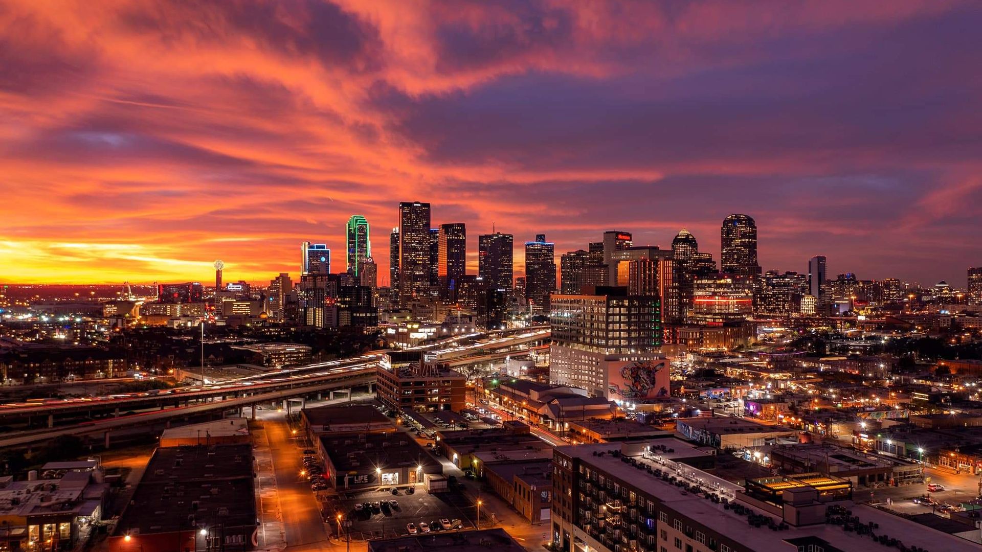 The Dallas skyline and a technicolor sunset