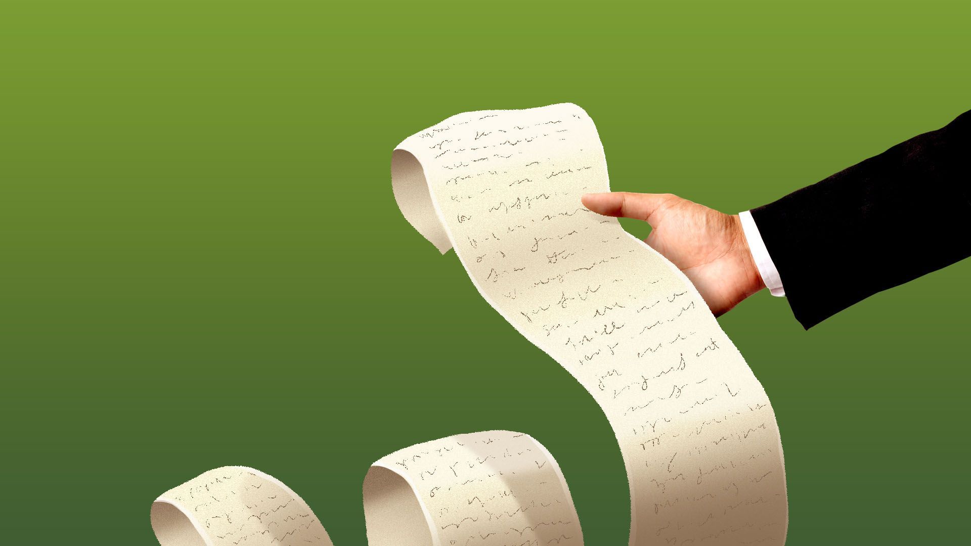 In this illustration, a businessman holds a long scroll list