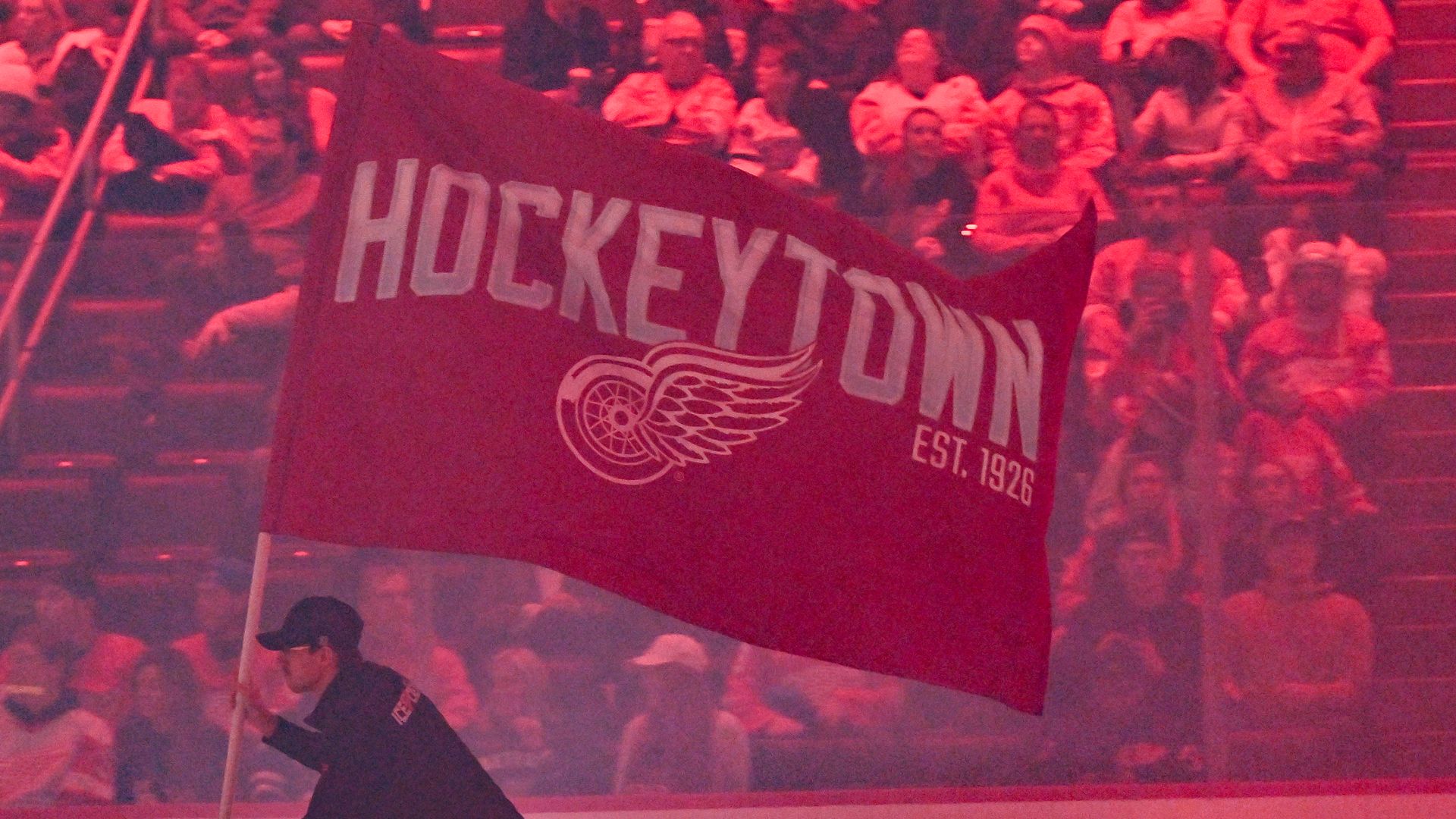 A Hockeytown flag flies last year at Little Caesars Arena.