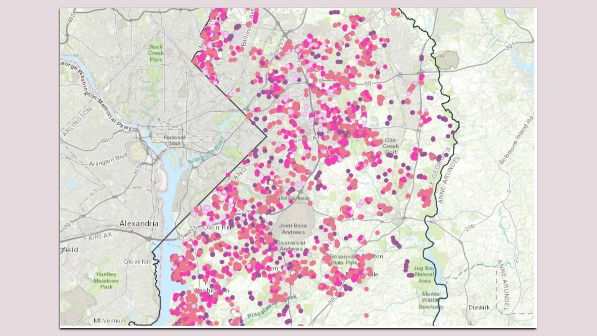Map of the Washington, D.C. area showing dense pink and purple dots along a central corridor, over roads, parks, and county boundaries near Alexandria.
