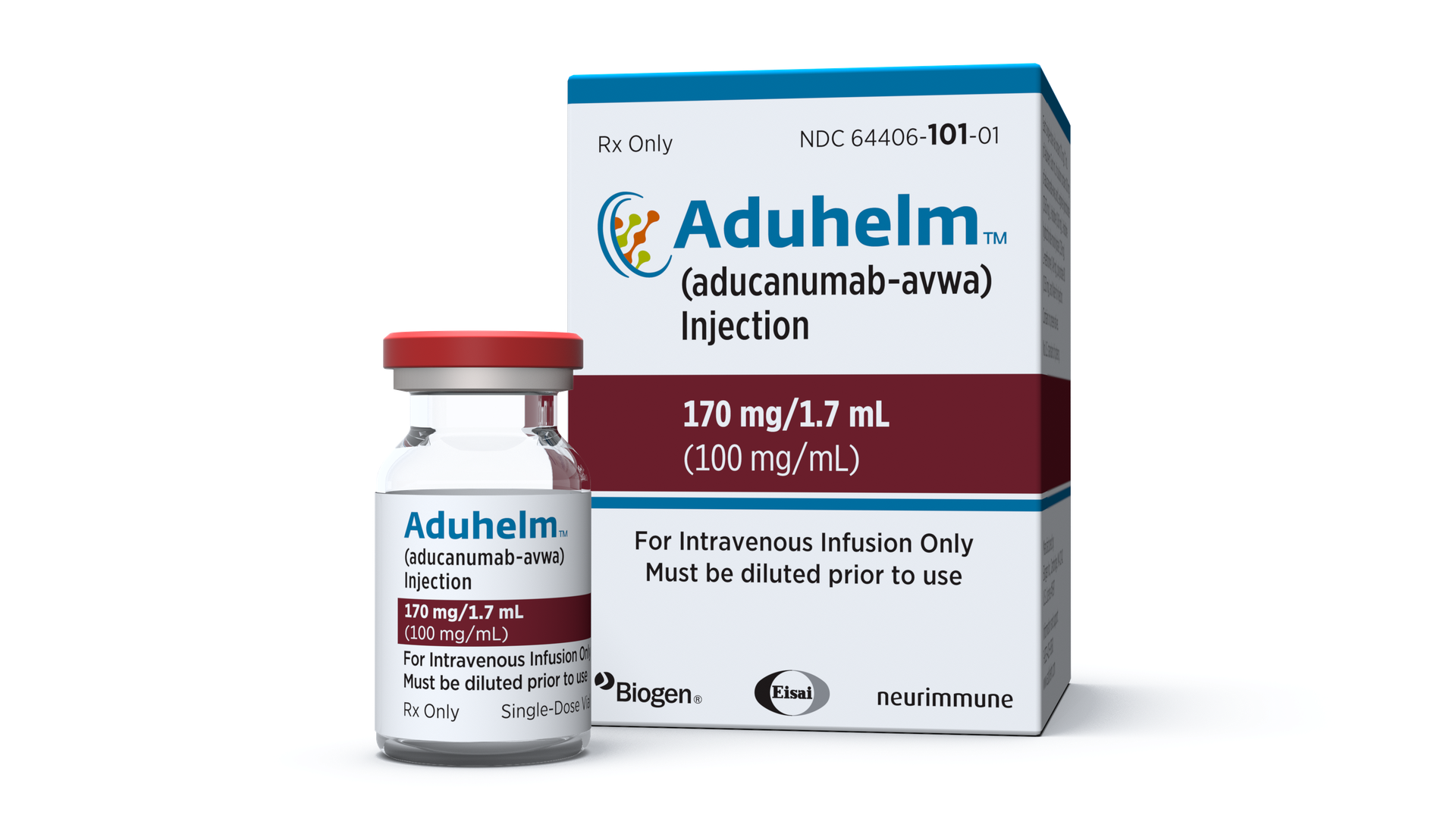 A box and vial of Aduhelm against a white background.