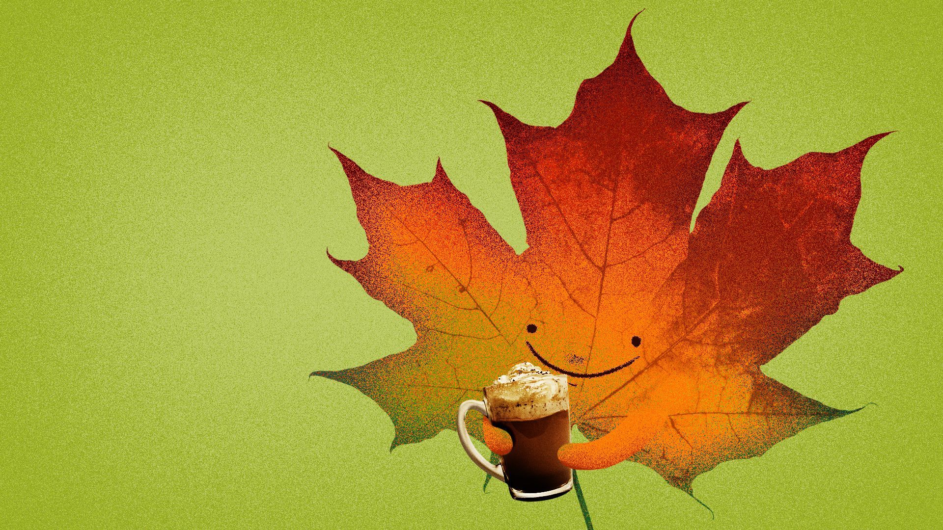 Illustration of a fall leaf holding a pumpkin spice latte. 