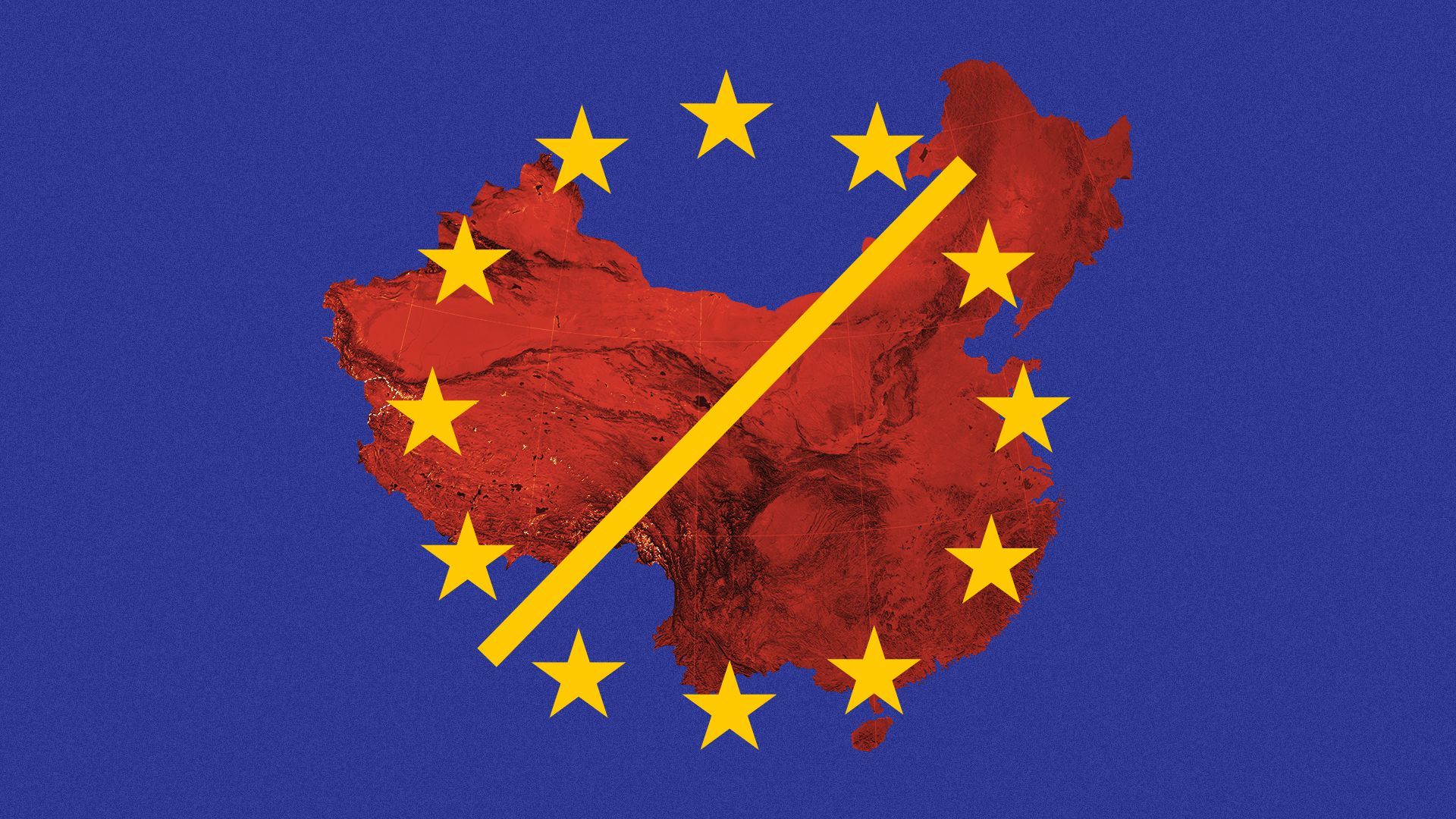 Illustration of the EU stars arranged as a no sign over a map of China.