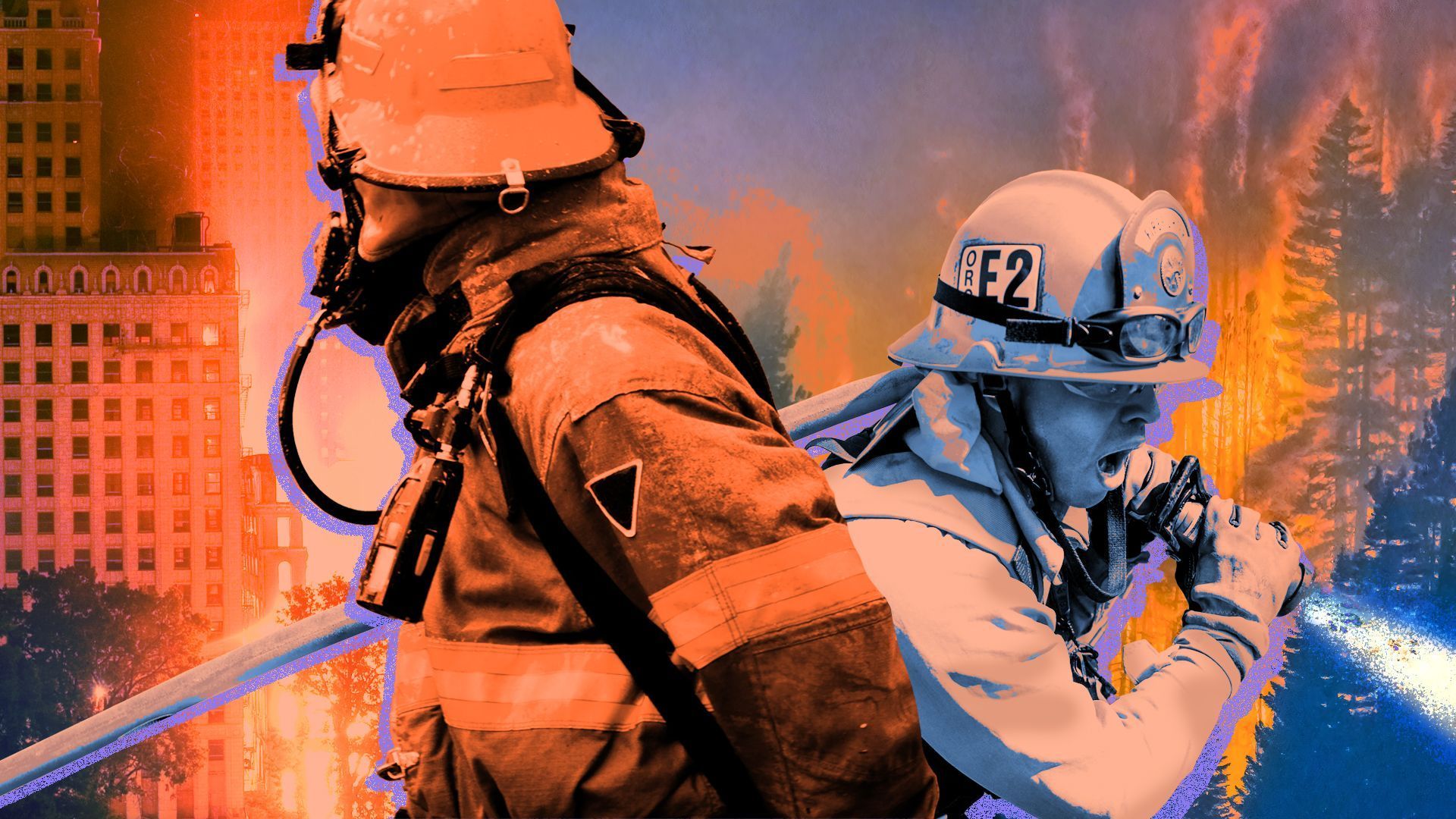 A spliced illustration of firefighters next to a building and one in a forest fire.