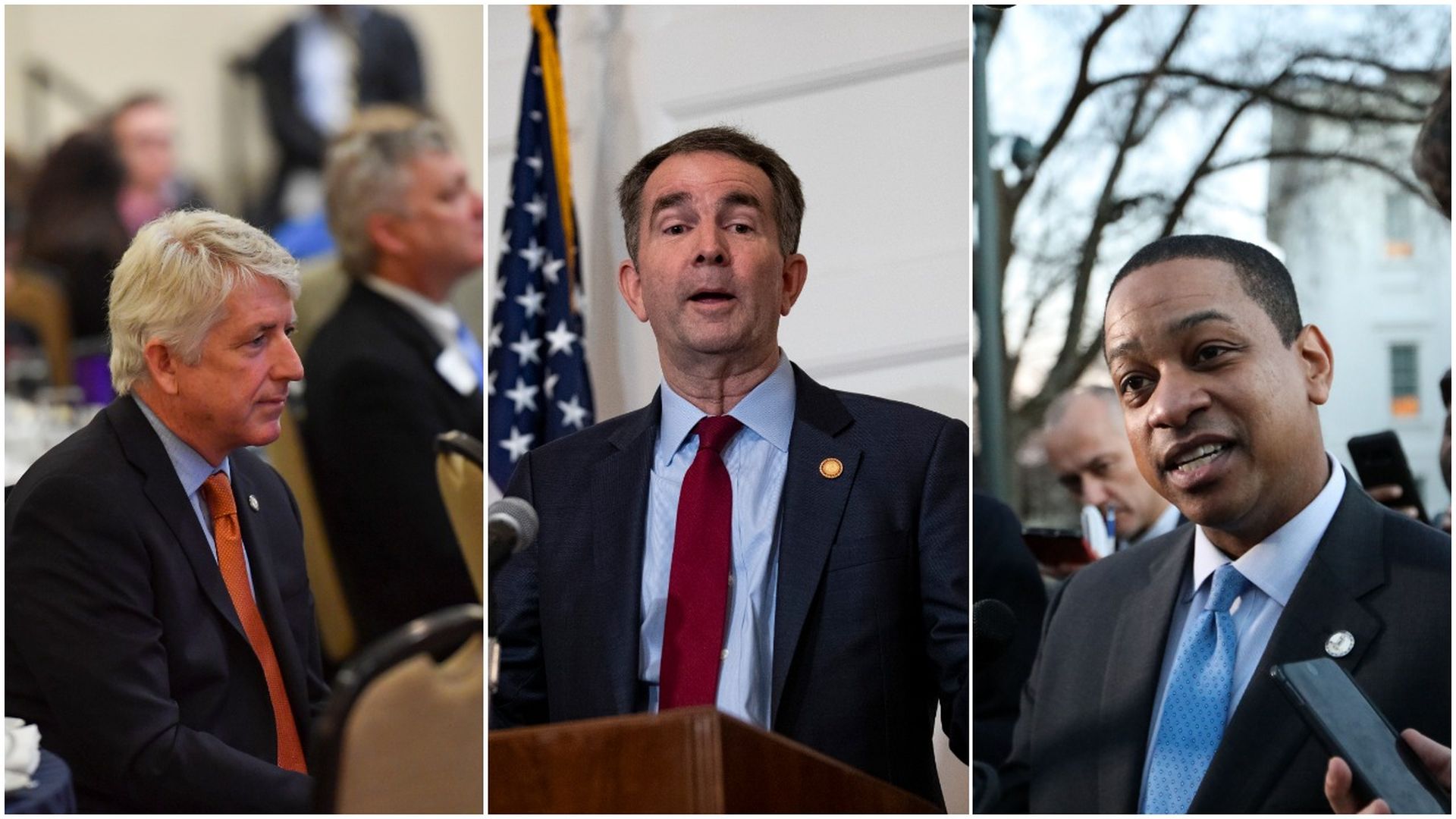 Virginia Attorney General Mark Herring (L), Gov. Ralph Northam (C), and Lt. Gov. Justin Fairfax. Photos: Ricky Carioti