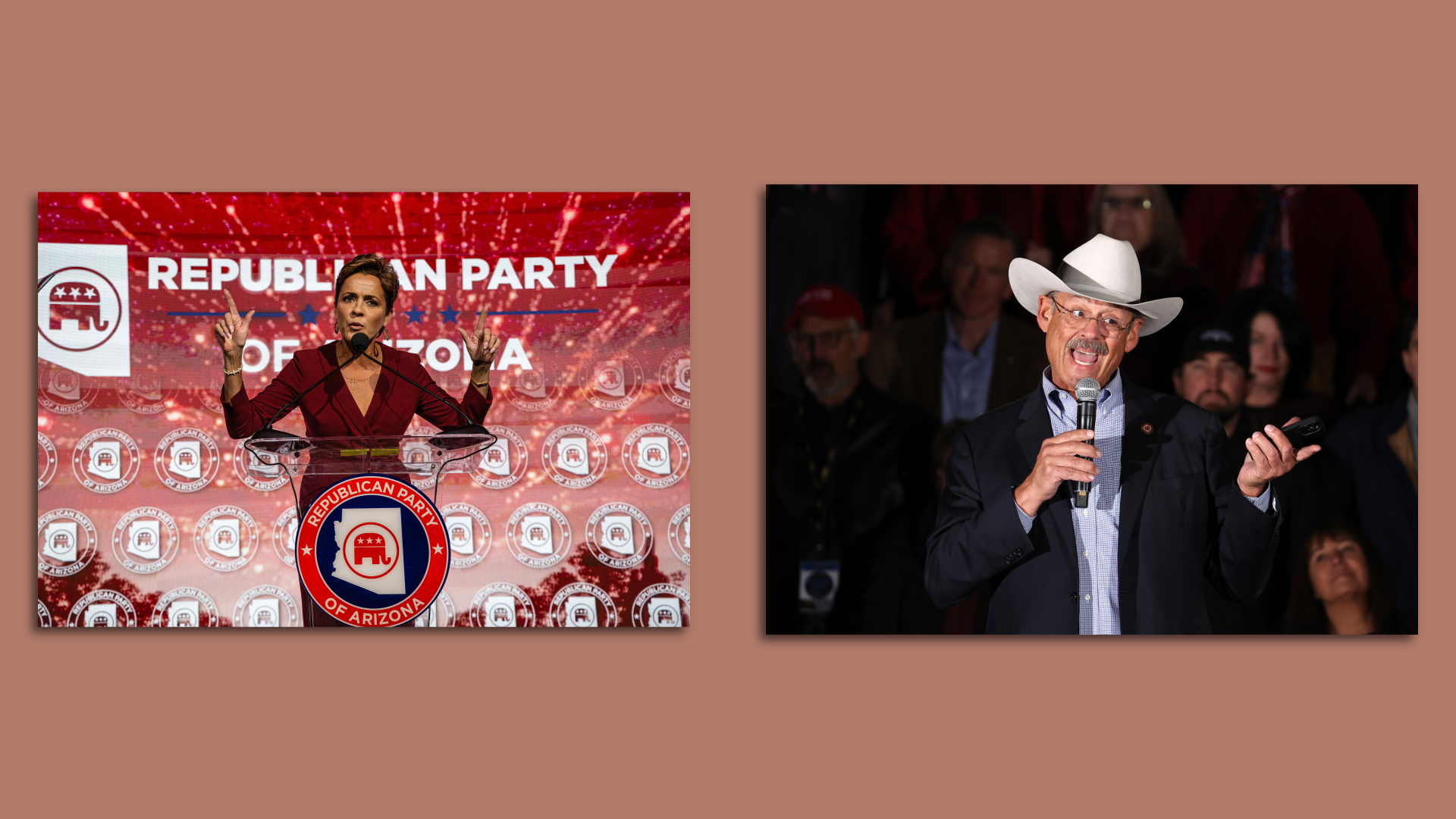 Side by side photos of two political candidates on stage.