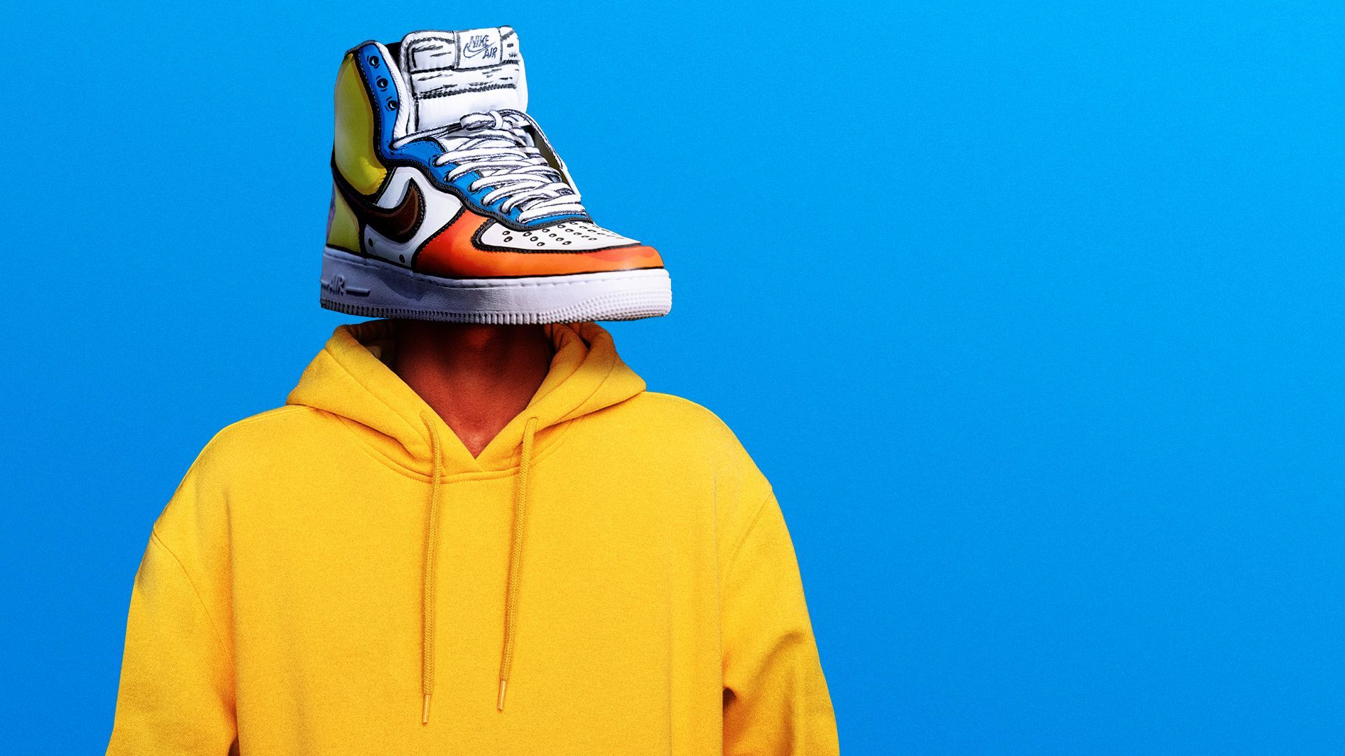 Photo illustration of a sneaker replacing the head on a man wearing a hoodie.
