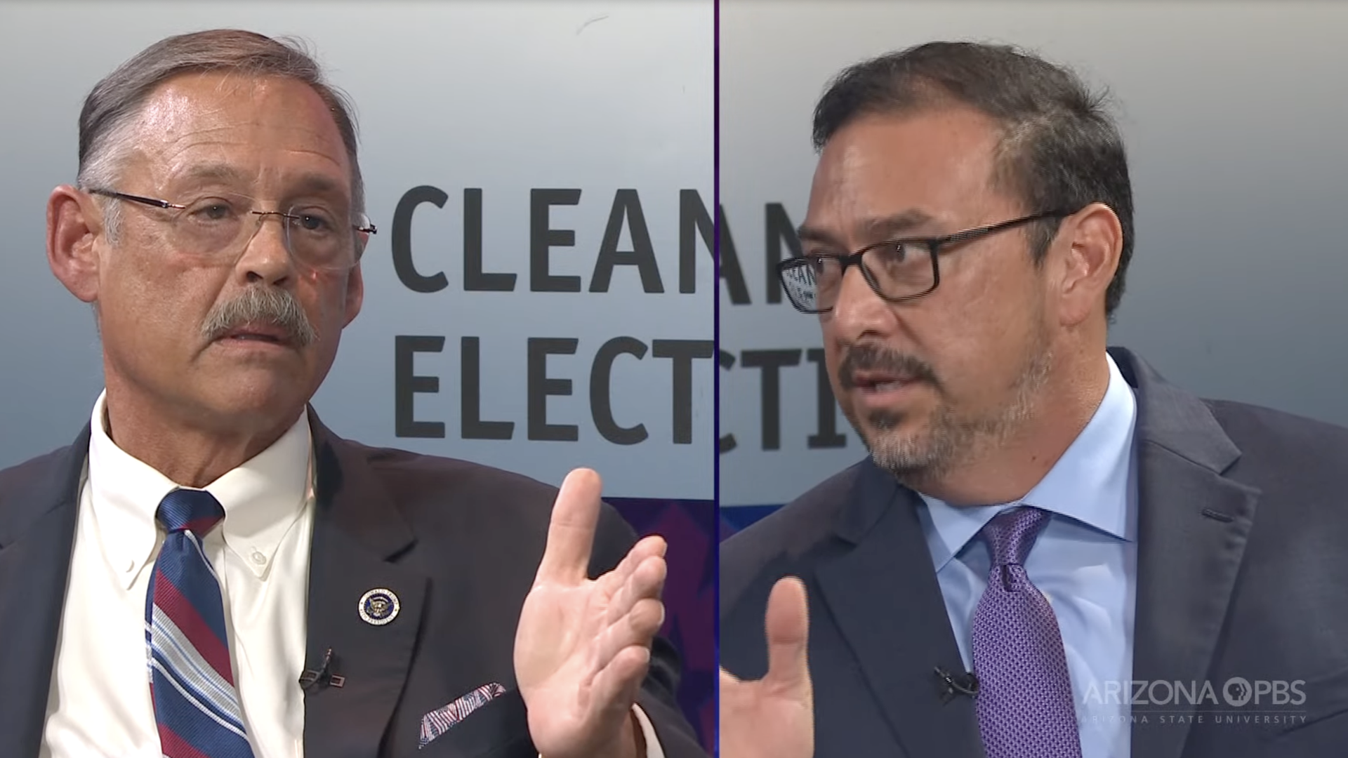 A split screen showing Mark Finchem and Adrian Fontes during a debate