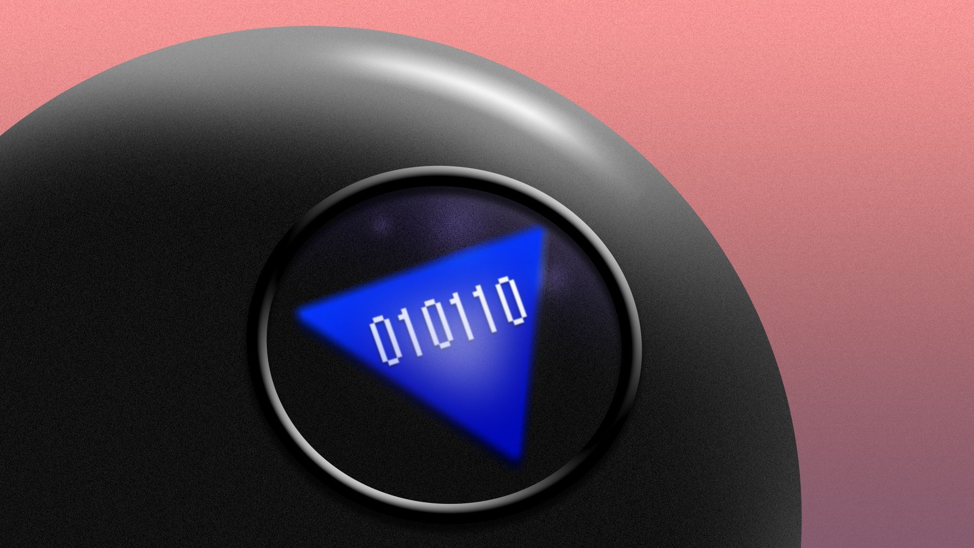 Illustration of a magic eight ball with a message in binary code
