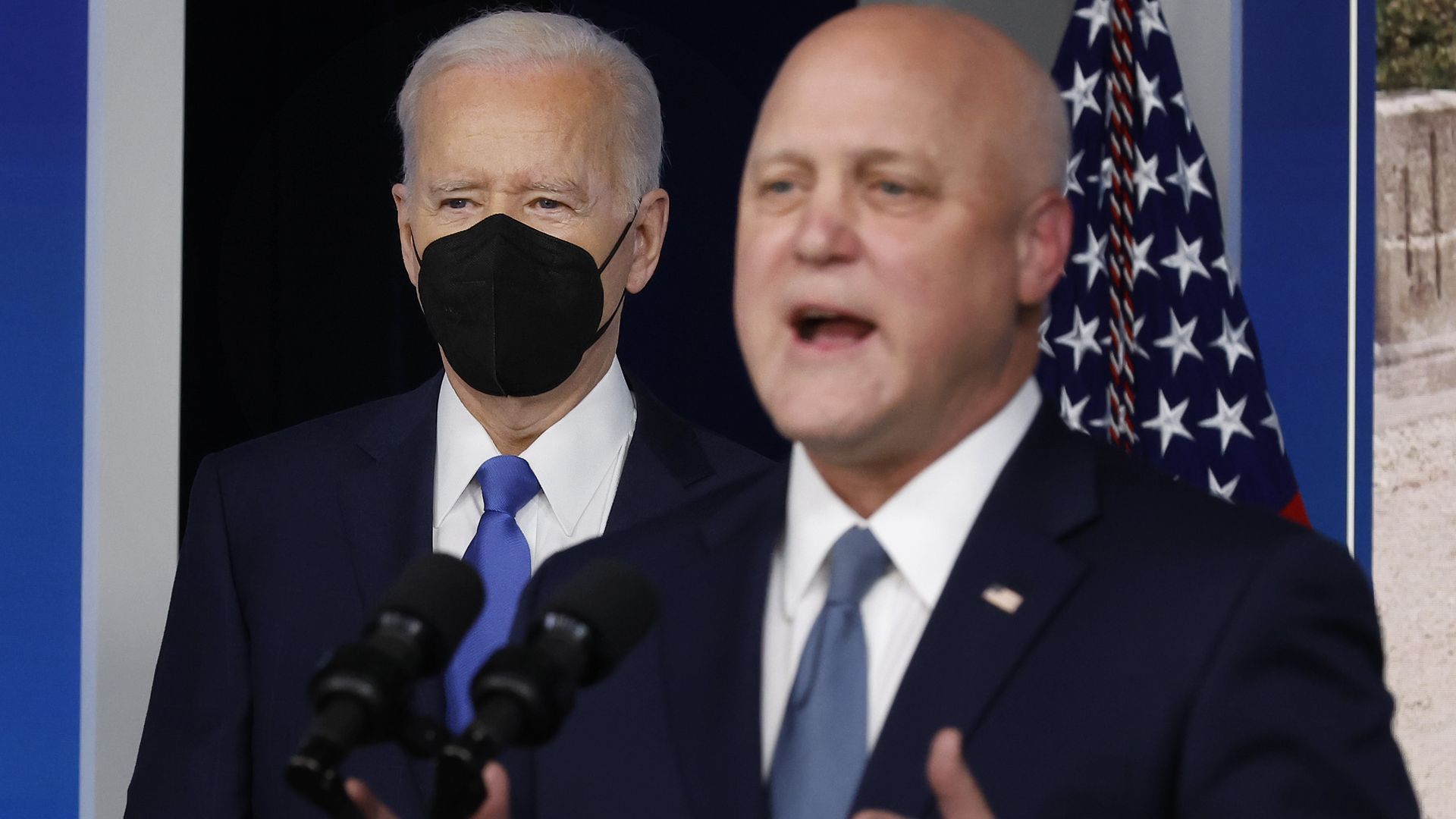 Photo of White House infrastructure coordinator Mitch Landrieu with President Joe Biden