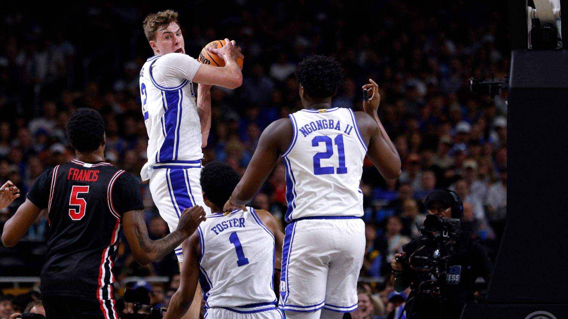 Cooper Flagg #2 of the Duke Blue Devils gets a defensive rebound against the Houston Cougars in the first half during the Final Four round of the men's NCAA basketball tournament at Alamodome on April 5, 2025 in San Antonio, Texas.