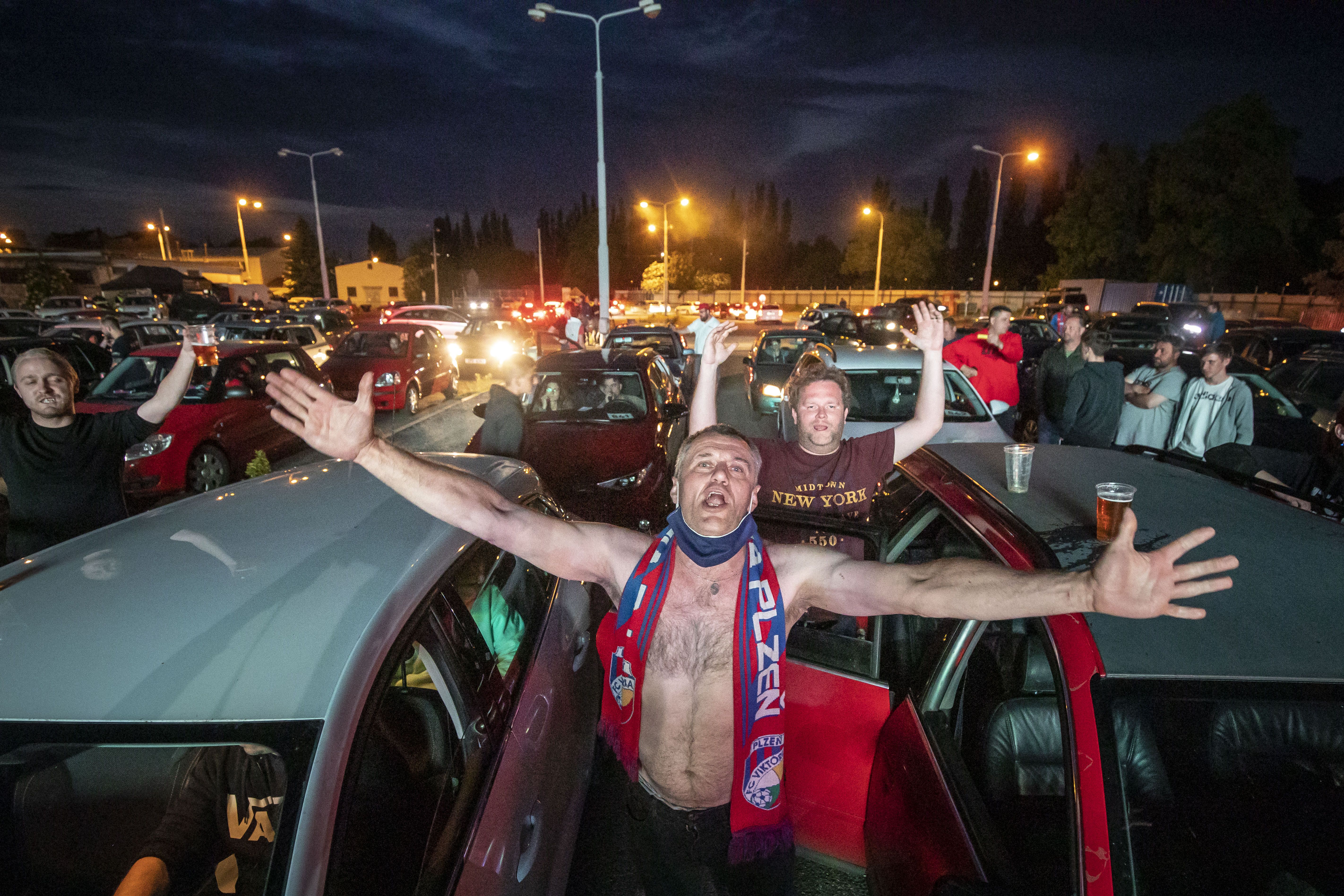 Soccer fans at drive-in theater