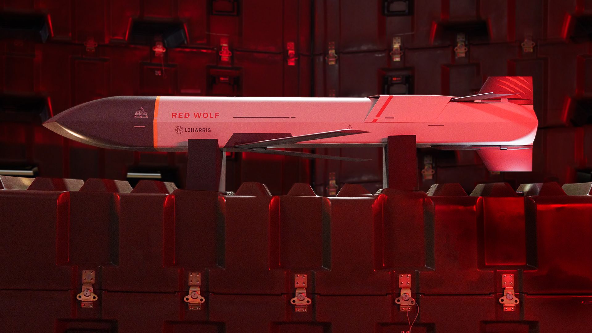 An artist's render of a small missile, bathed in red light. It sits on the top of a ruggedized crate.