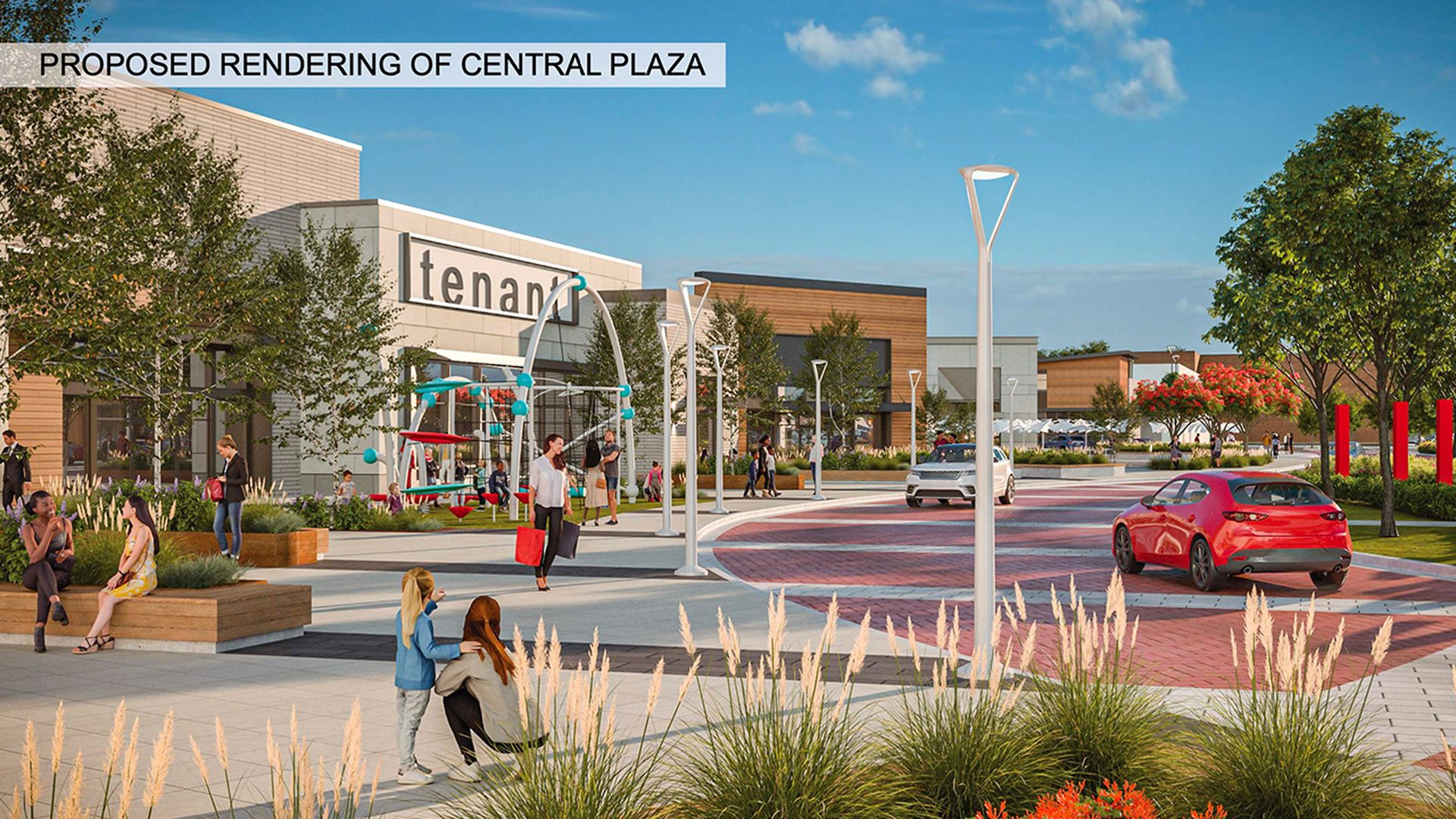 Rendering of a front of a mall with a turnaround and a fountain