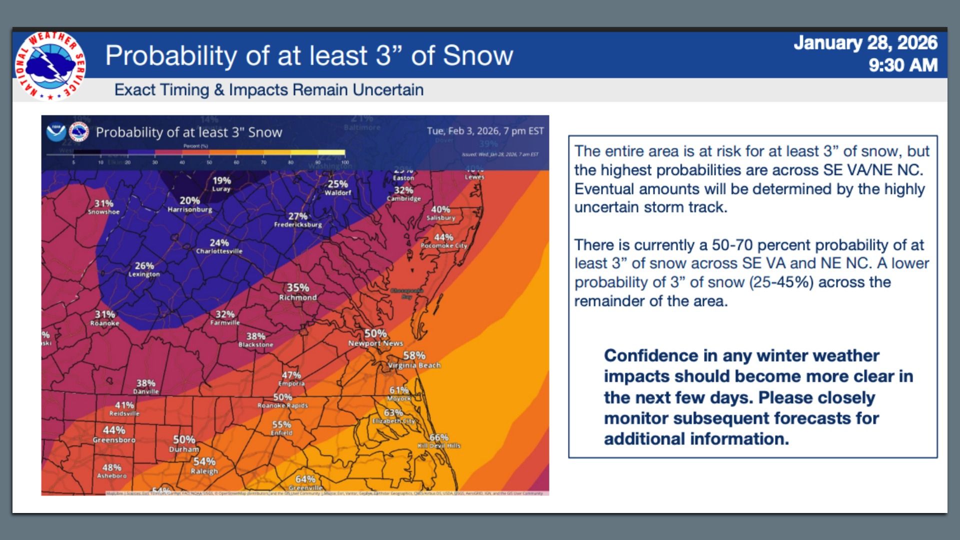 a map showing Richmond had a 30% chance of 3 inches of snow 