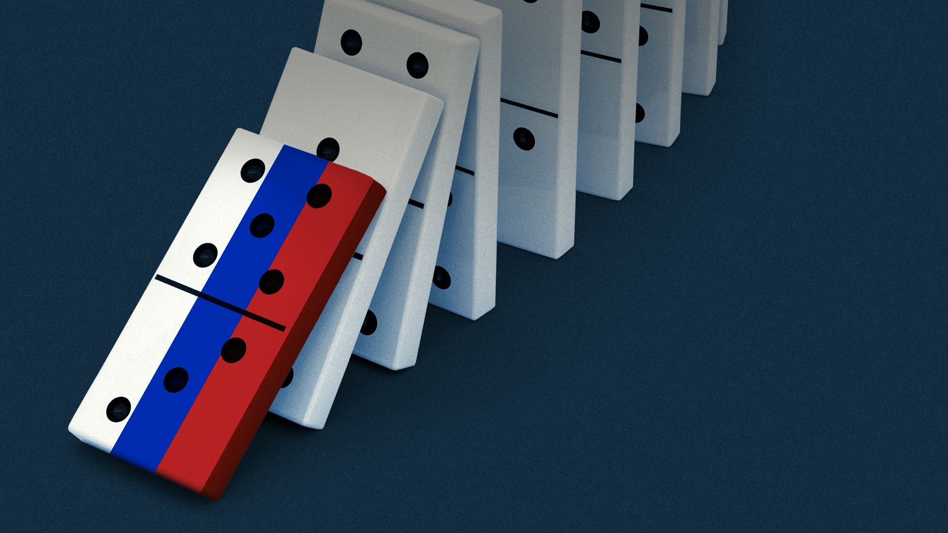 Illustration of a domino with the Russian flag starting to topple a line of dominoes.