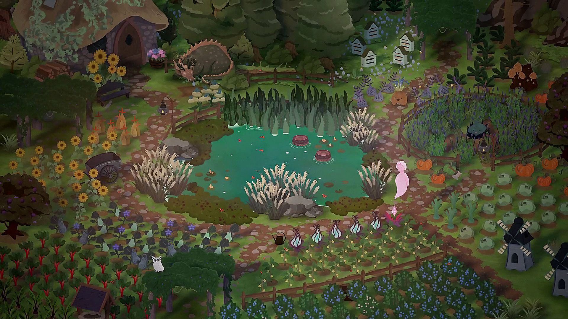 Video game screenshot of a garden with a dragon sleeping nearby