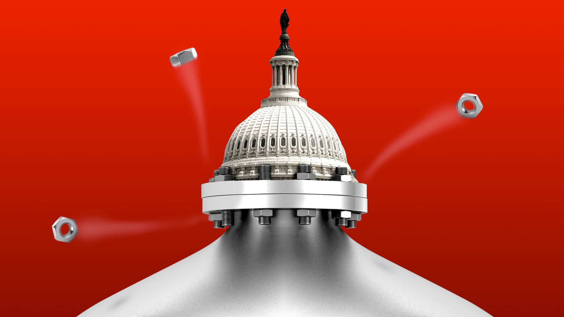 Illustration of a pipe being blocked by the Capitol Dome about to burst with bolts and nuts flying off.